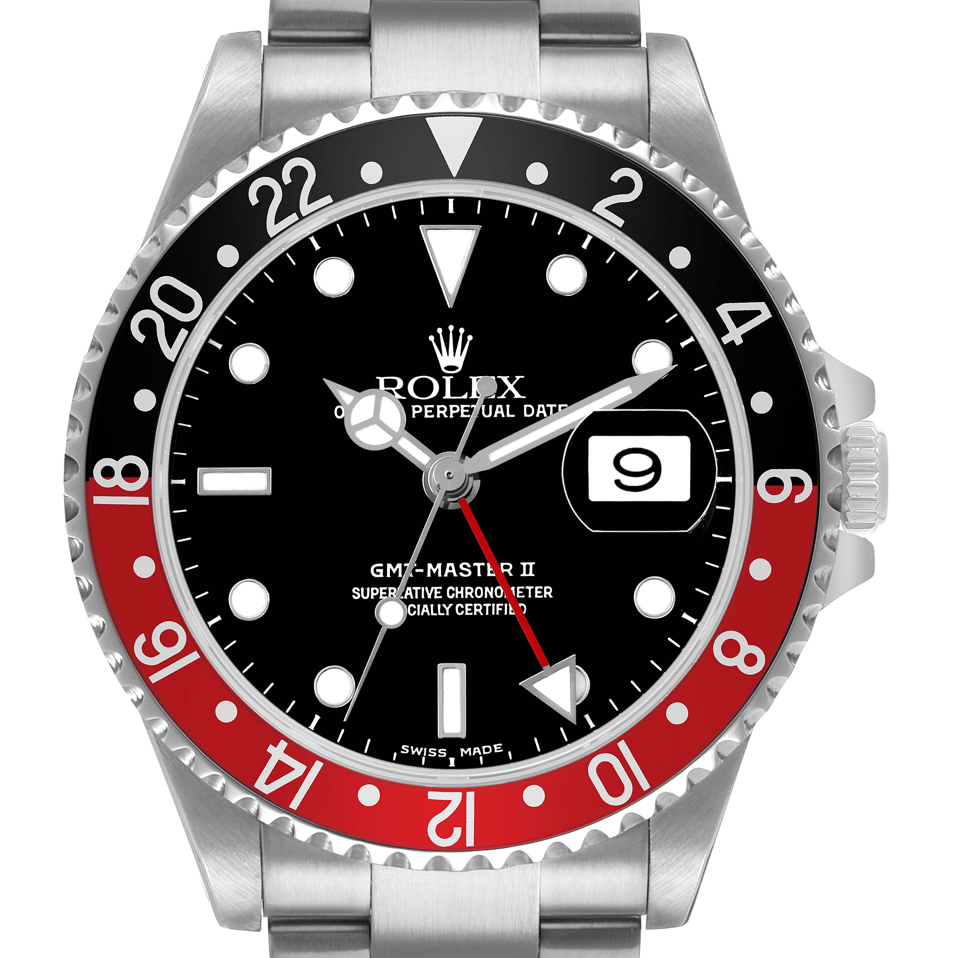 The Rolex GMT-Master 16710 Men's Stainless Steel Black Dial II watch is shown from the front, highlighting its bezel, dial, hands, and date window.