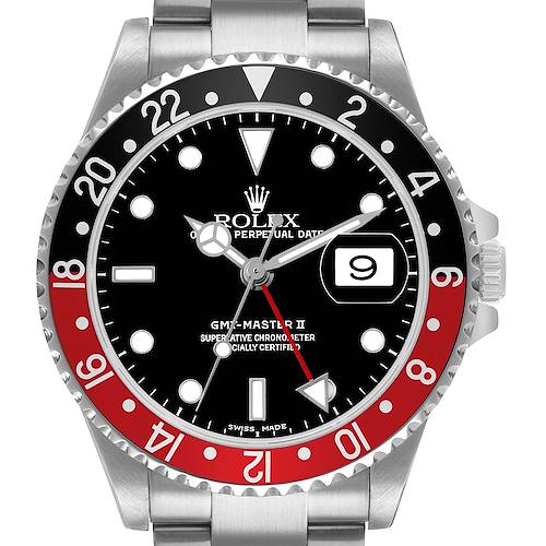 The Rolex GMT-Master 16710 Men's Stainless Steel Black Dial II watch is shown from a front angle, highlighting the bezel, dial, and bracelet.