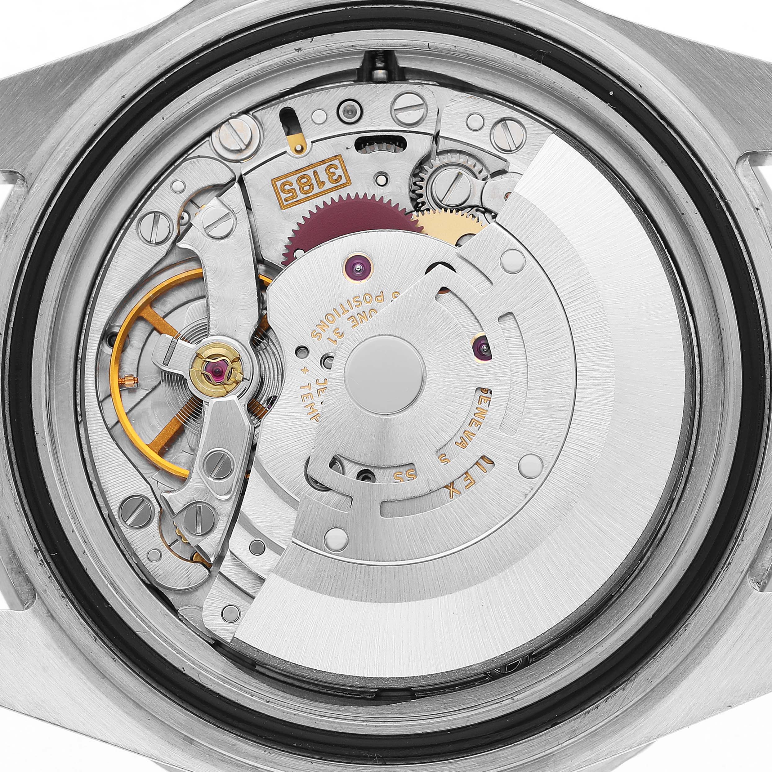 The image shows a detailed view of the movement inside a Rolex GMT-Master 16710 Men's Stainless Steel Black Dial watch, focusing on the rotor and balance wheel.