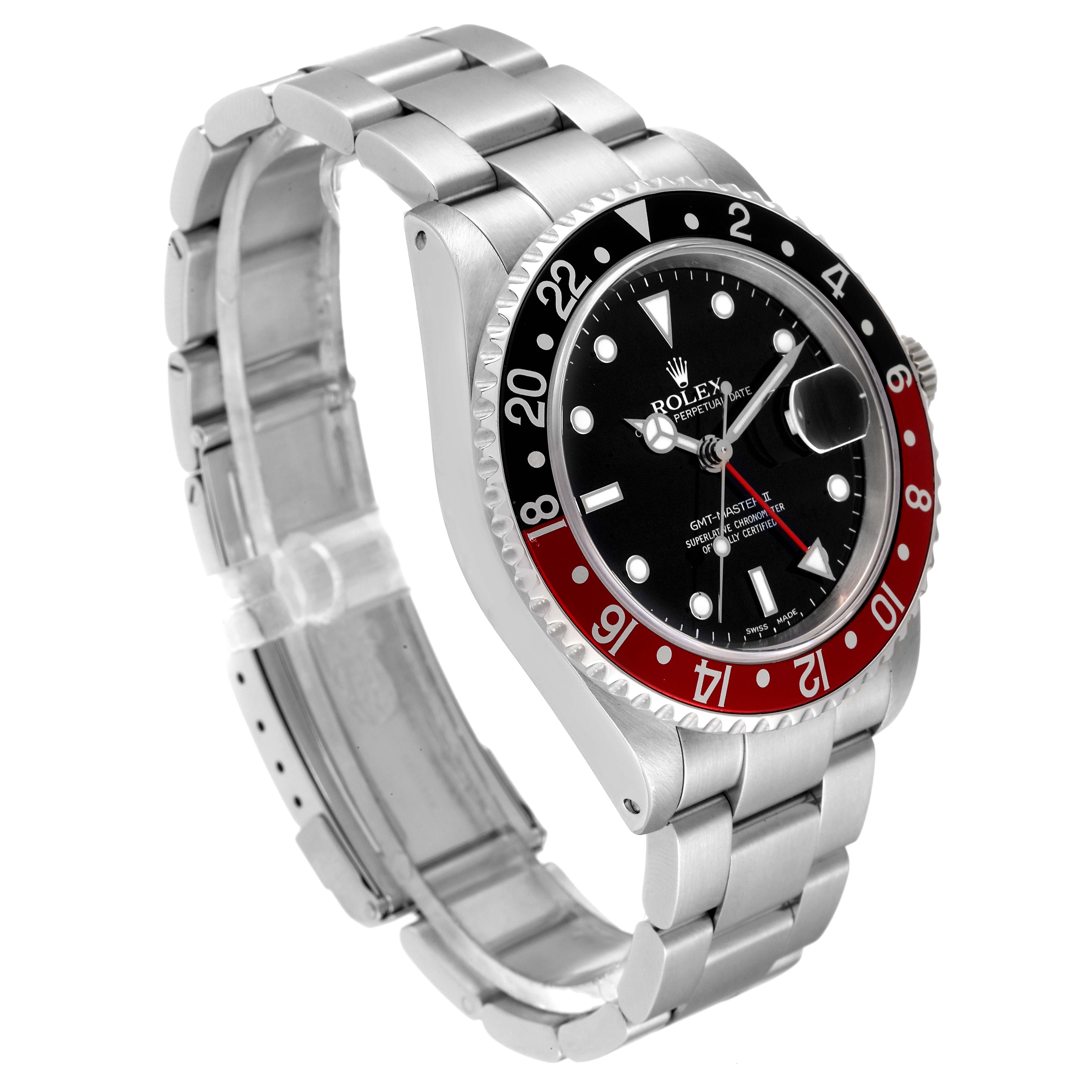 The image shows a side and front angle view of a Rolex GMT-Master 16710 Men's Stainless Steel Black Dial 16710 Men's Stainless Steel Black Dial watch, highlighting its bezel, bracelet, and dial.