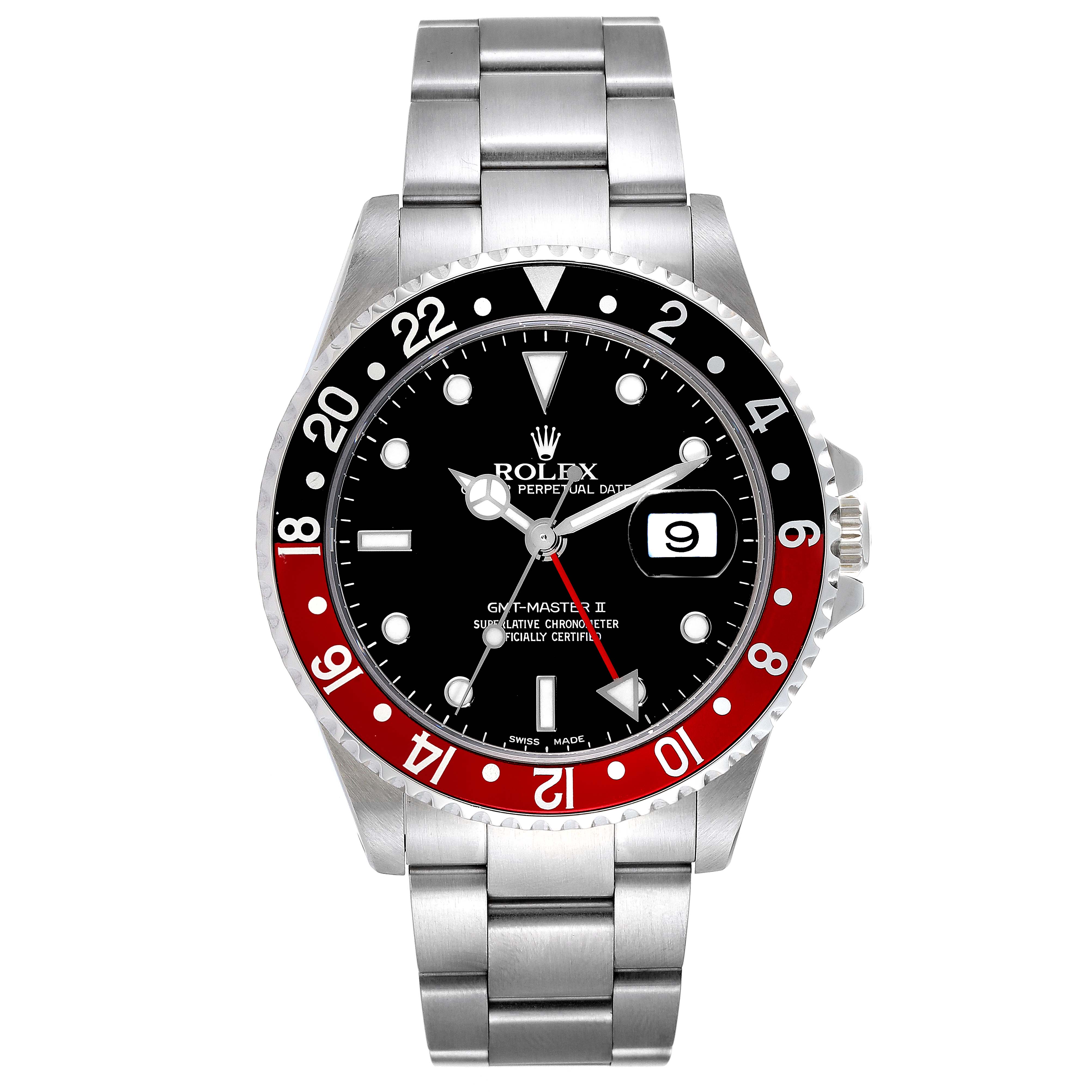 The image shows a front view of a Rolex GMT-Master 16710 Men's Stainless Steel Black Dial 16710 Men's Stainless Steel Black Dial watch, highlighting the dial, bezel, and bracelet.