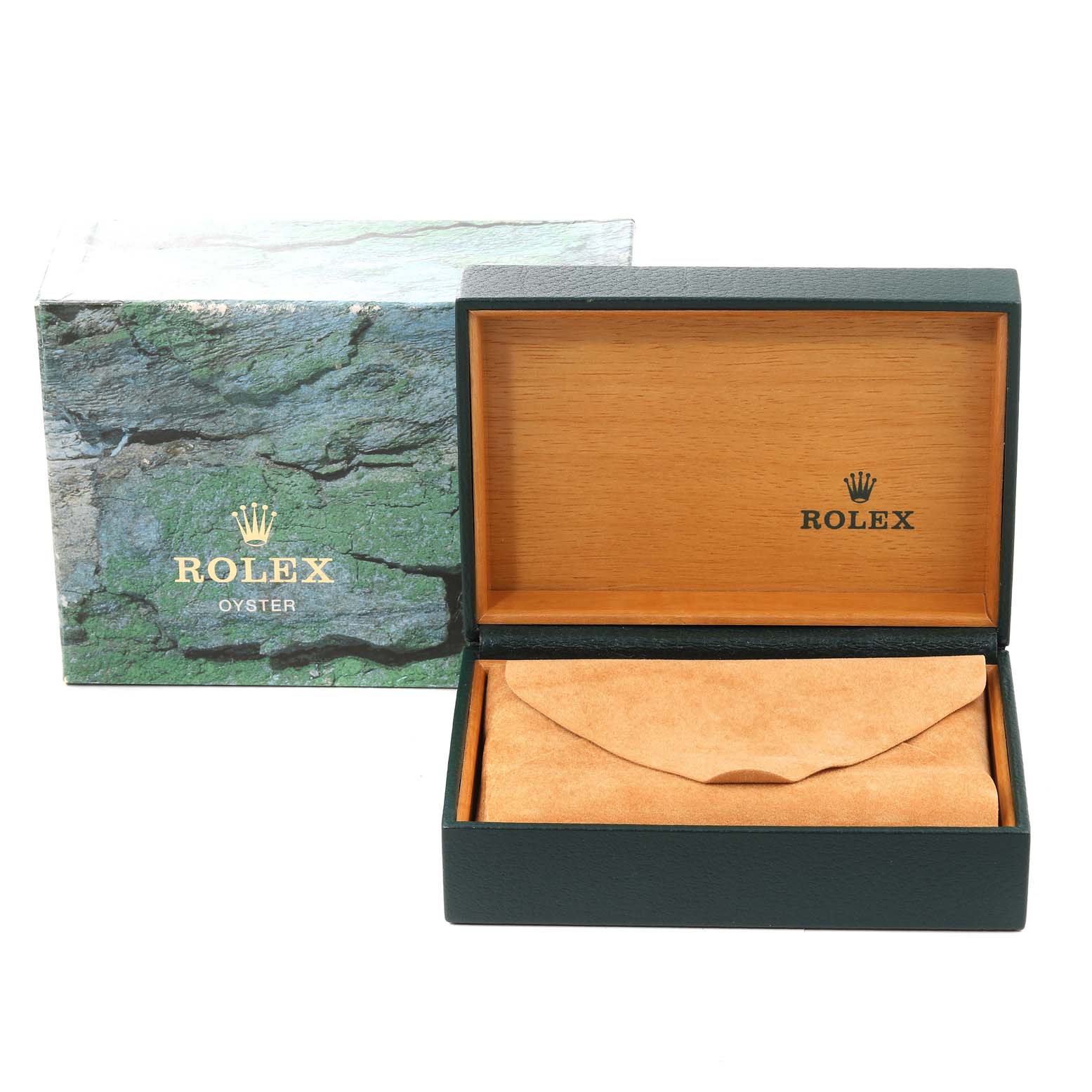 The image shows the packaging of a Rolex GMT-Master 16710 Men's Stainless Steel Black Dial 16710 Men's Stainless Steel Black Dial, including an outer box and an open inner wooden box.