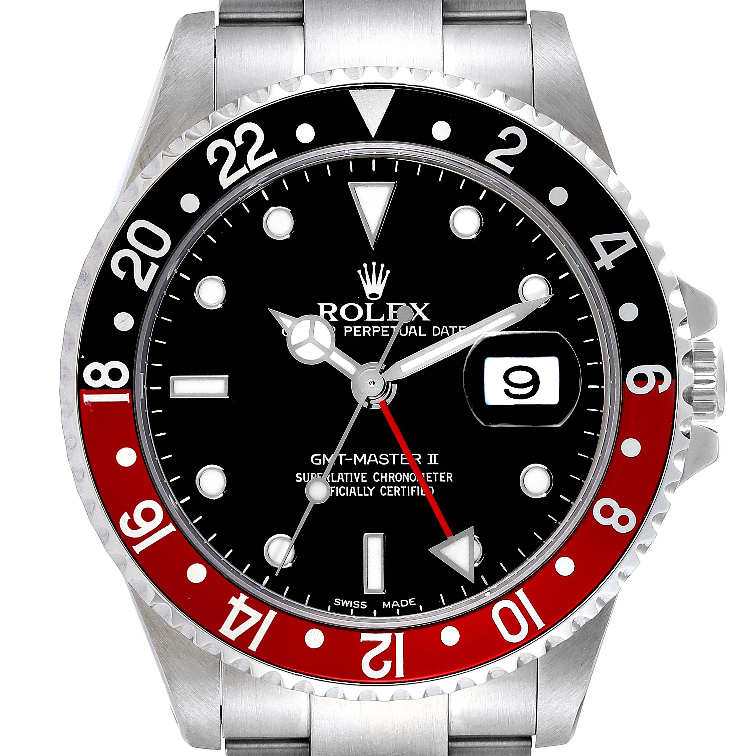 The image shows a front view of the Rolex GMT-Master 16710 Men's Stainless Steel Black Dial 16710 Men's Stainless Steel Black Dial II watch, focusing on the dial, bezel, and portion of the stainless steel bracelet.