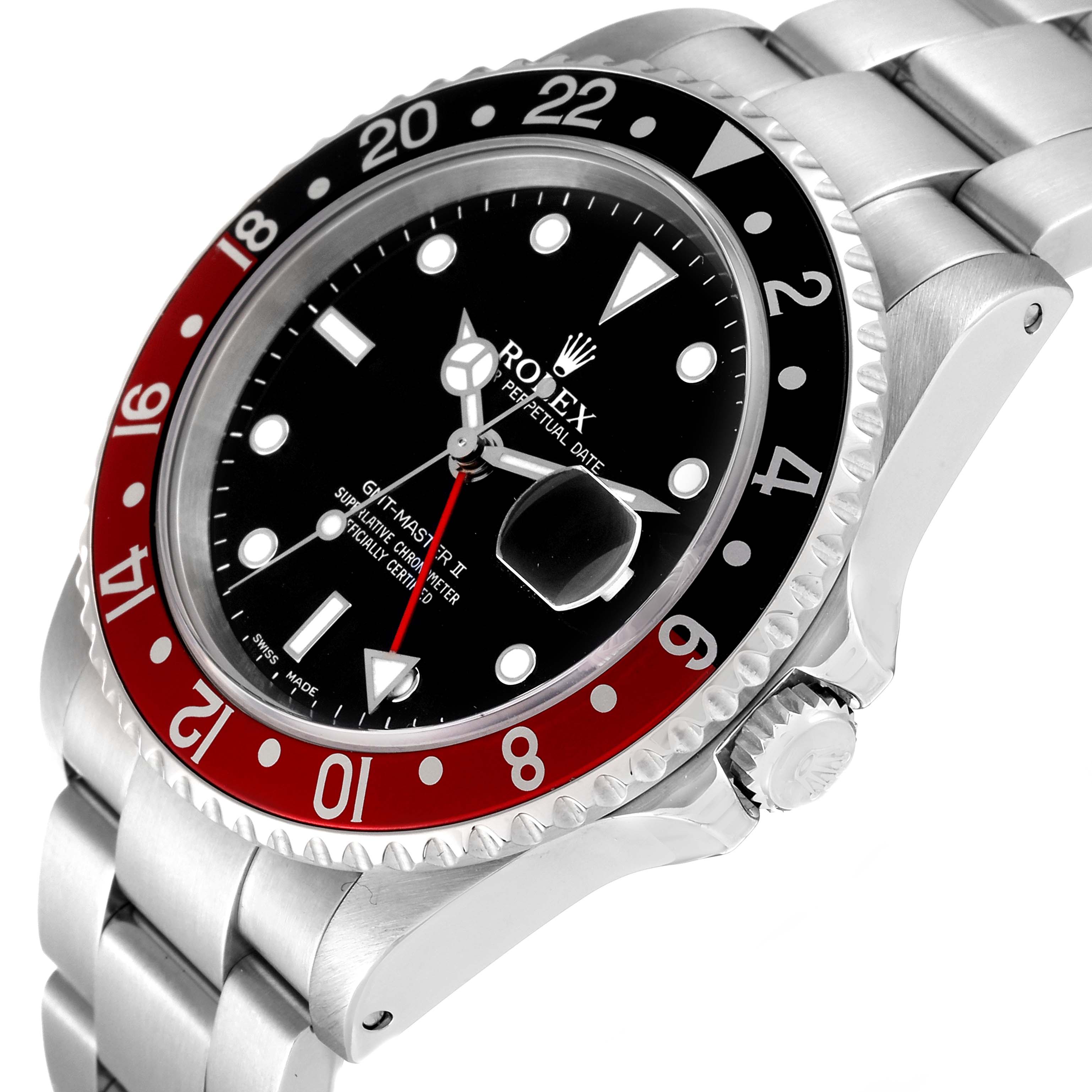 The Rolex GMT-Master 16710 Men's Stainless Steel Black Dial 16710 Men's Stainless Steel Black Dial II watch is shown from an angled close-up, featuring the dial, bezel, case, and part of the bracelet.