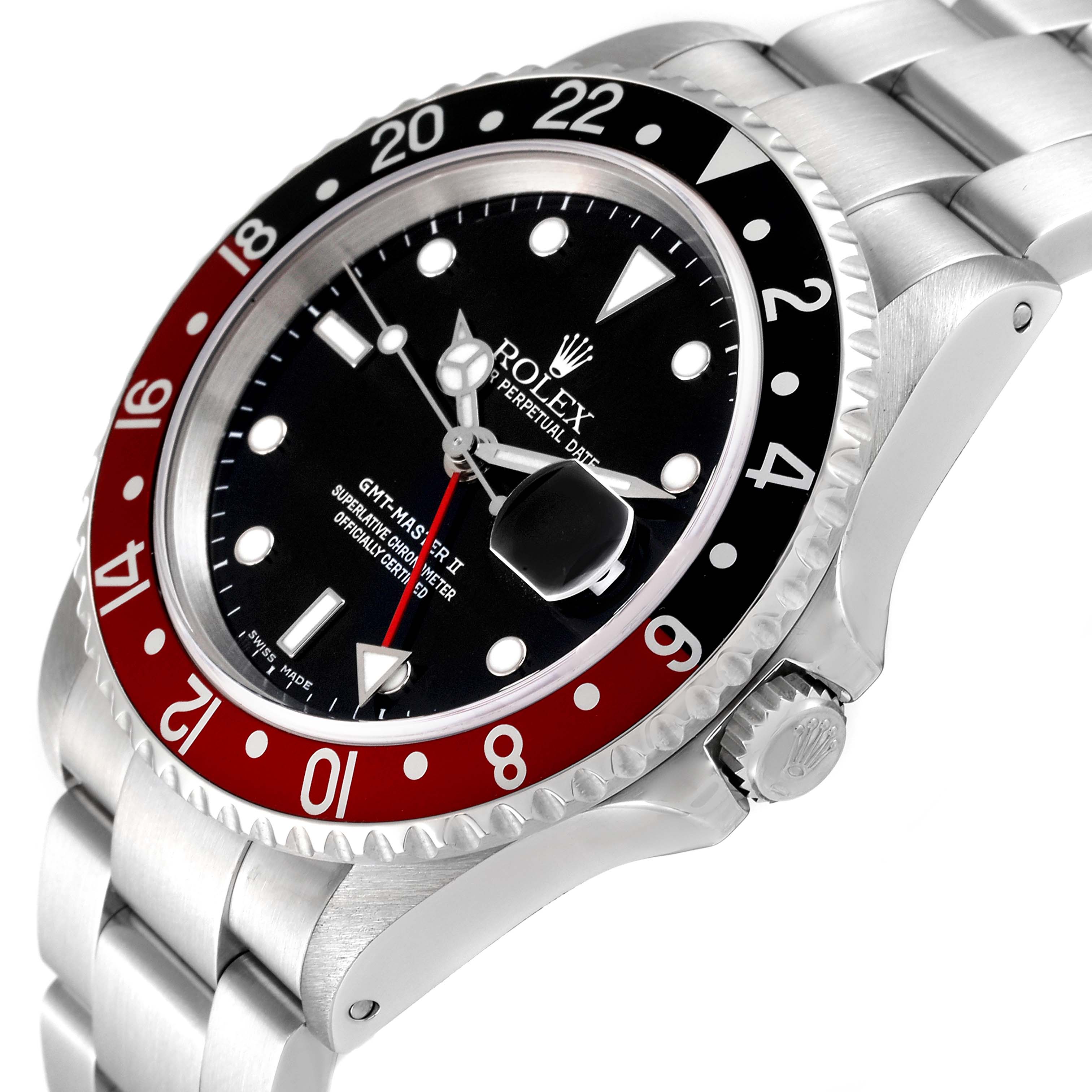 The image shows a Rolex GMT-Master 16710 Men's Stainless Steel Black Dial 16710 Men's Stainless Steel Black Dial II watch at an angled side view, highlighting the bezel, dial, crown, and part of the bracelet.