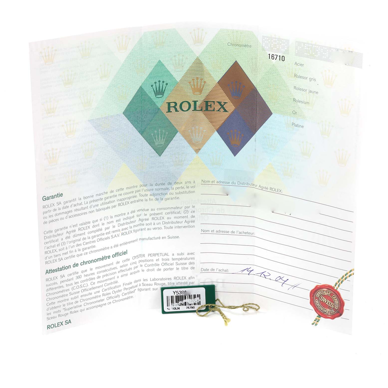 The image shows the warranty and certification papers for a Rolex GMT-Master 16710 Men's Stainless Steel Black Dial 16710 Men's Stainless Steel Black Dial model, along with a hang tag and seal.