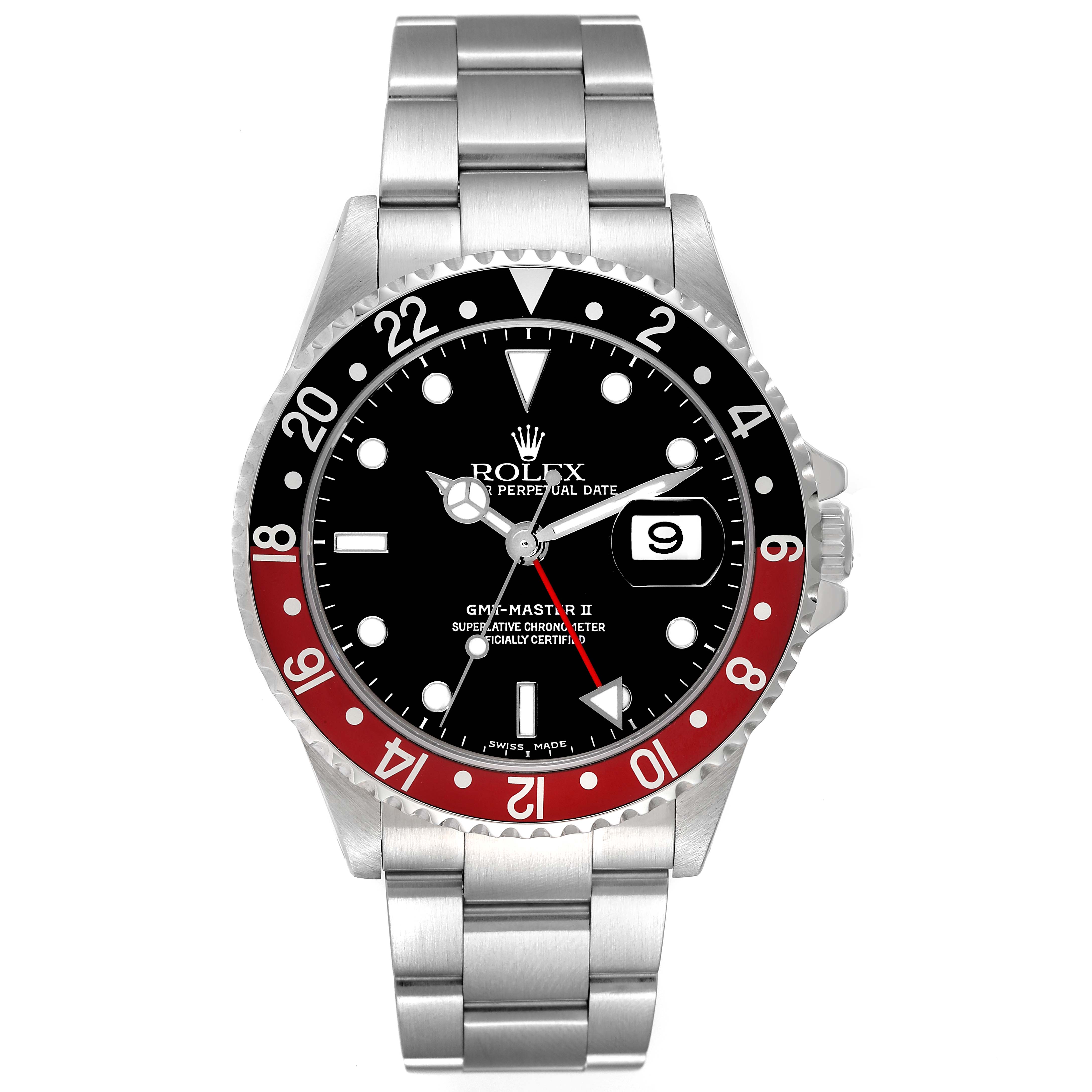 The image shows a front view of a Rolex GMT-Master 16710 Men's Stainless Steel Black Dial 16710 Men's Stainless Steel Black Dial II watch, showcasing its dial, bezel, and bracelet.