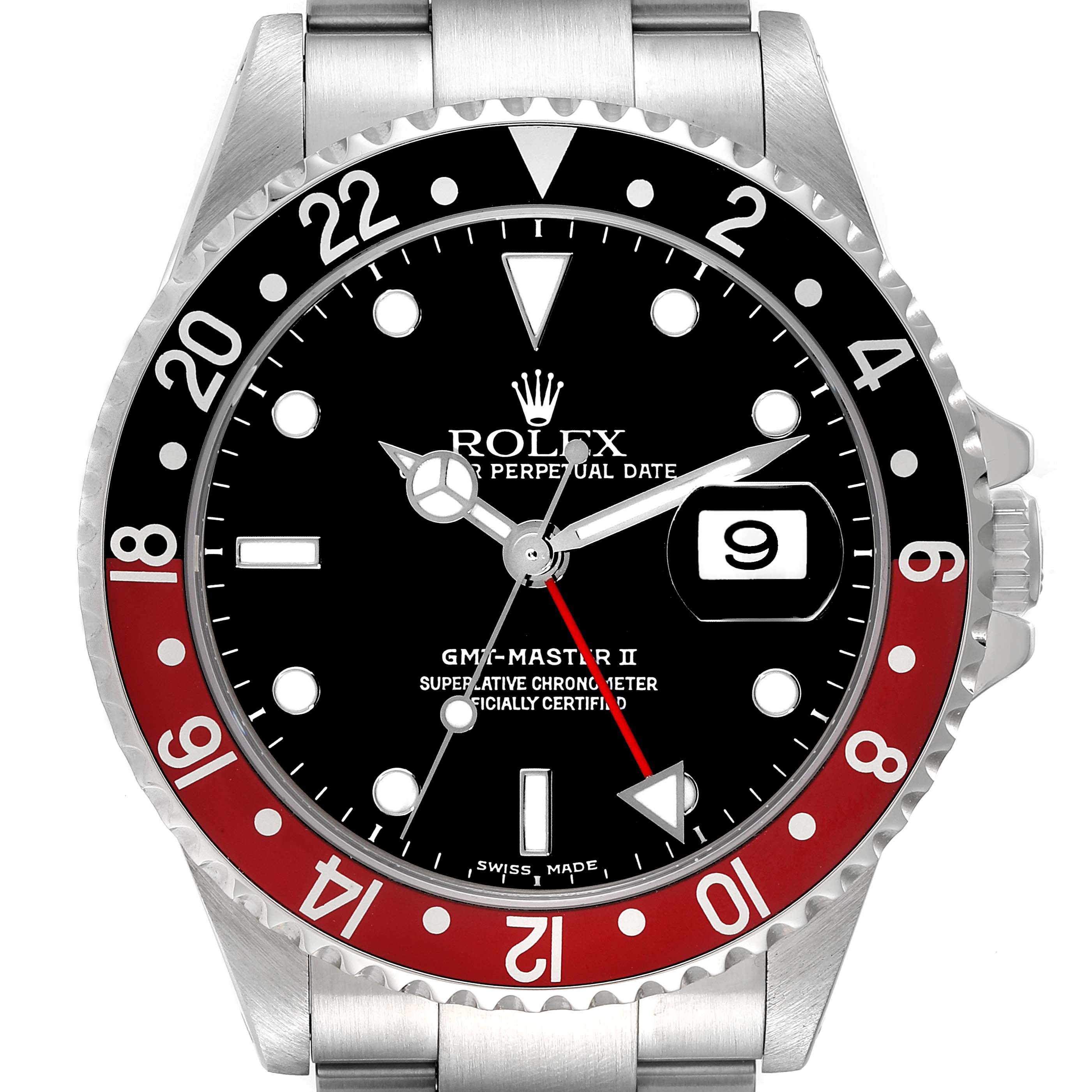 The image shows a front view of the Rolex GMT-Master 16710 Men's Stainless Steel Black Dial 16710 Men's Stainless Steel Black Dial II watch, highlighting the bezel, dial, hands, and date window.