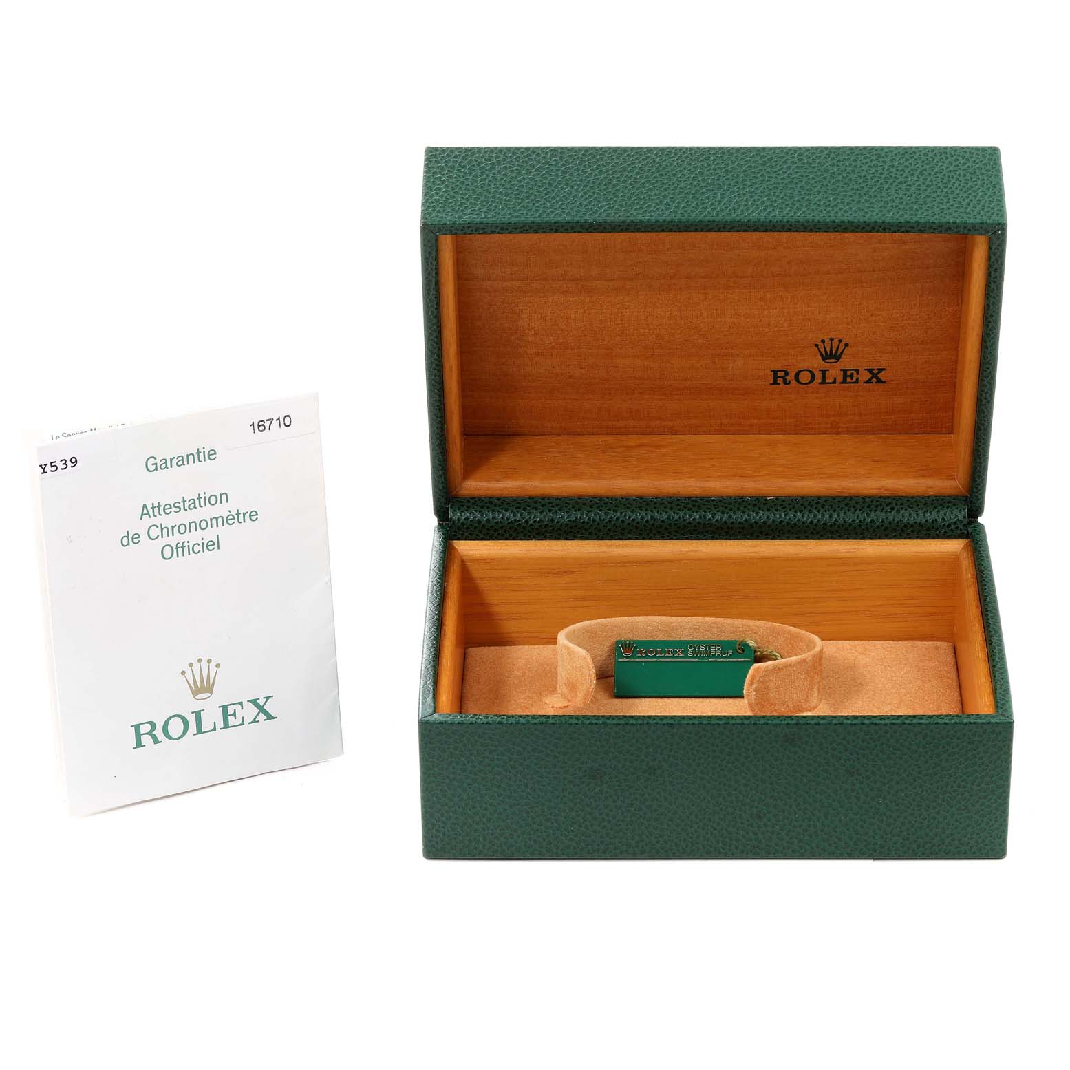 The image shows a Rolex GMT-Master 16710 Men's Stainless Steel Black Dial 16710 Men's Stainless Steel Black Dial watch's open green box and an official warranty booklet beside it.