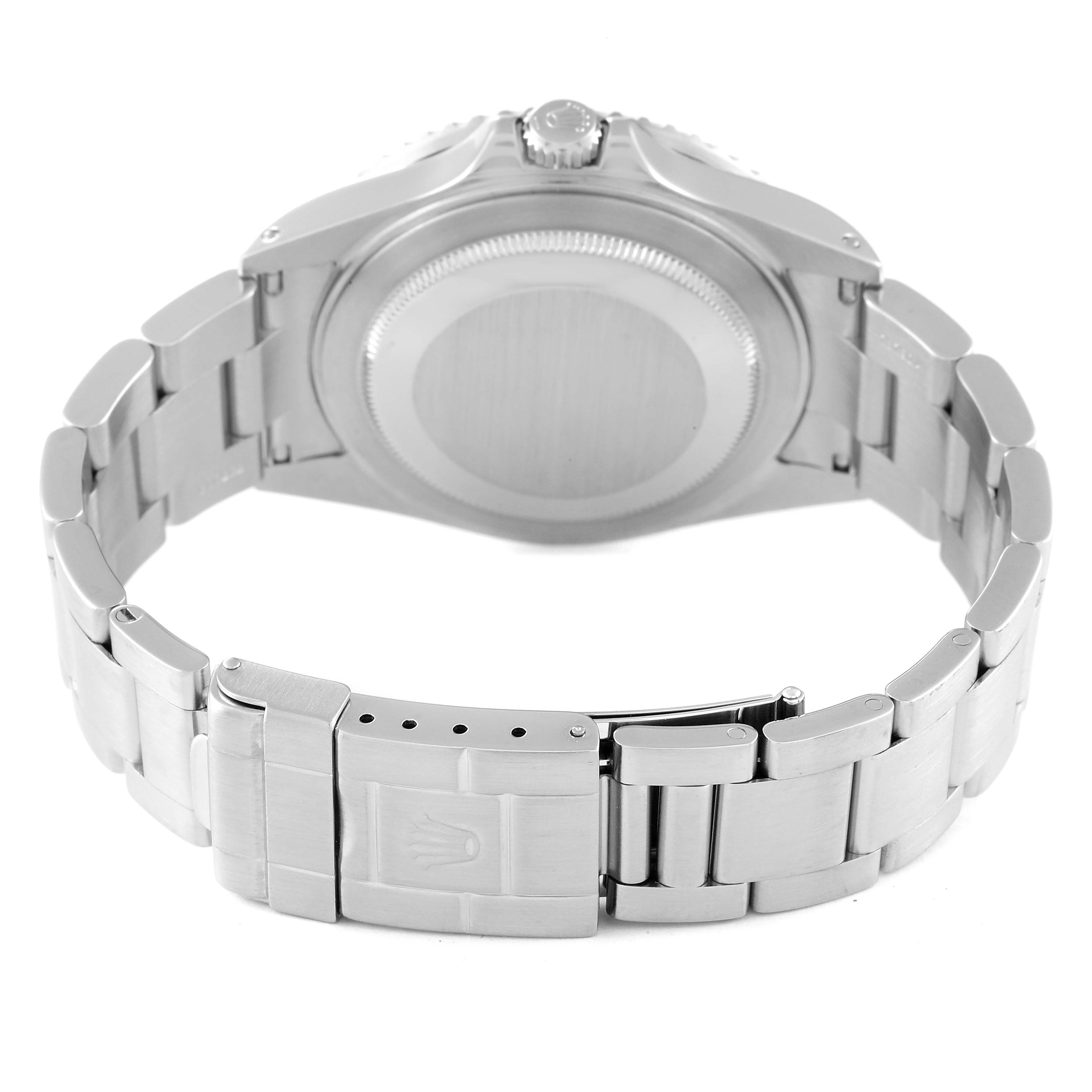 This image shows the back and bracelet of a Rolex GMT-Master 16710 Men's Stainless Steel Black Dial 16710 Men's Stainless Steel Black Dial, highlighting the clasp and case back.