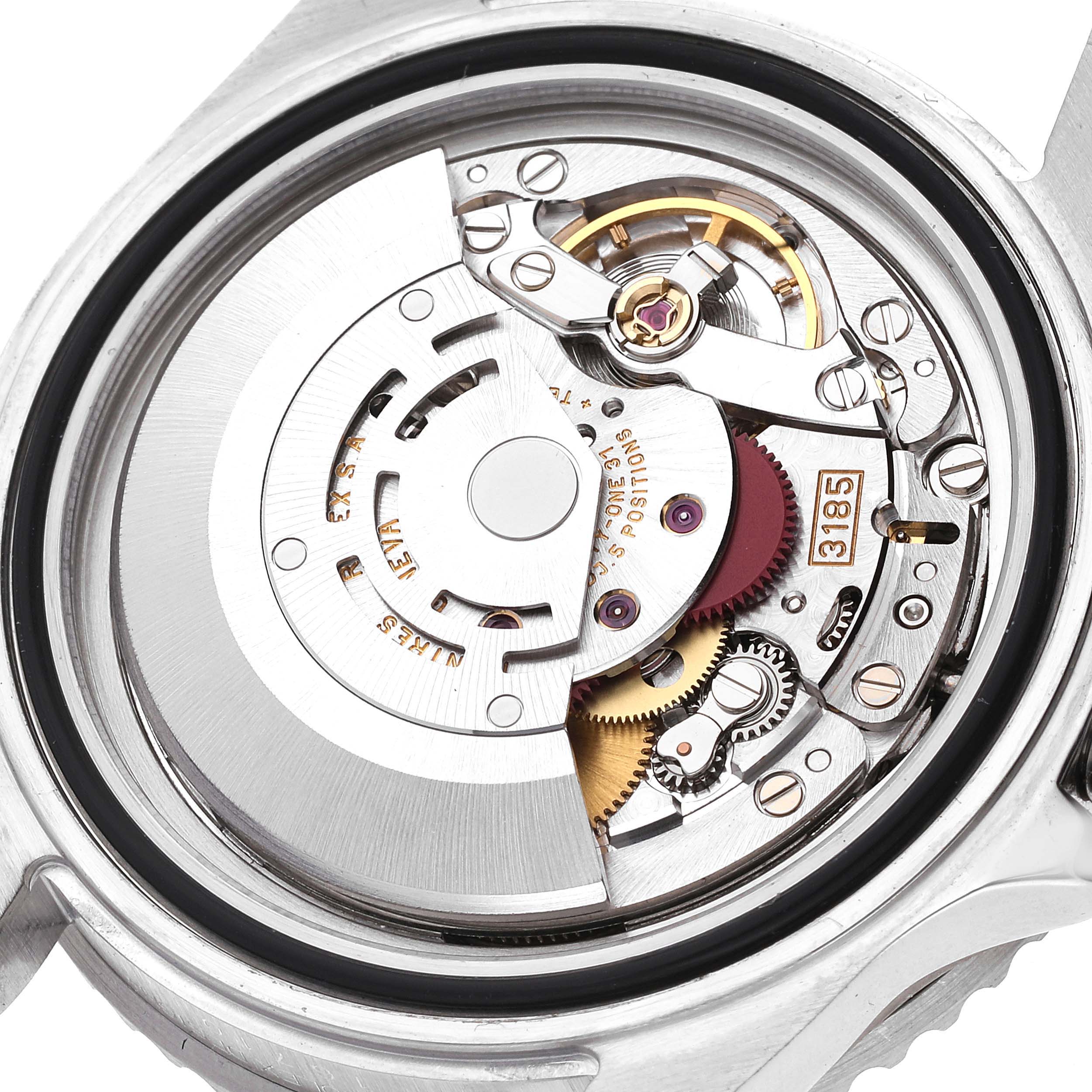 This image shows a close-up of the movement mechanism inside a Rolex GMT-Master 16710 Men's Stainless Steel Black Dial 16710 Men's Stainless Steel Black Dial watch, viewed from the back.