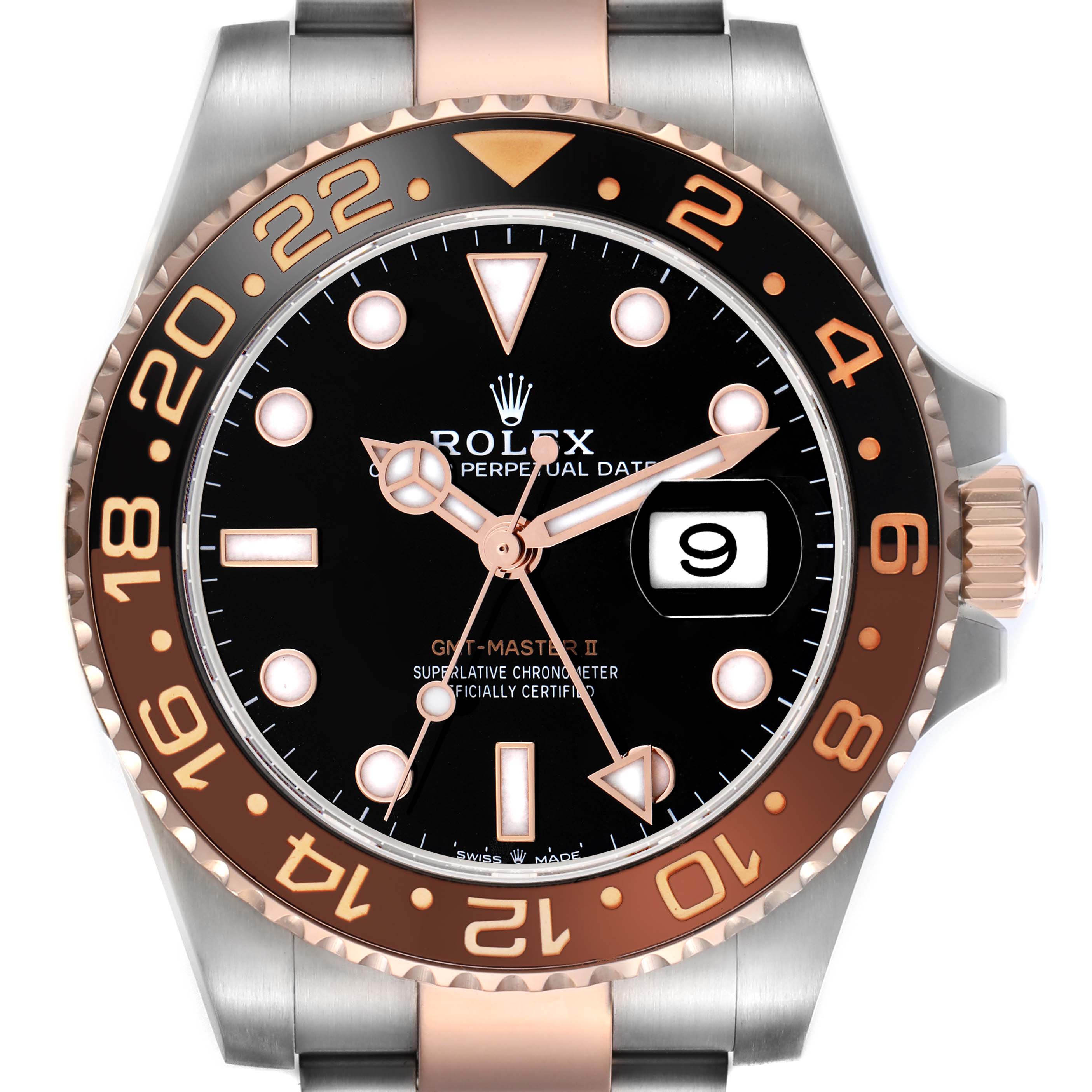 The Rolex GMT-Master 126711 Men's Steel and Gold (two tone) Black Dial 126711 Men's Steel and Gold (two tone) Black Dial watch is shown from a front angle, displaying the dial, bezel, crown, and part of the bracelet.