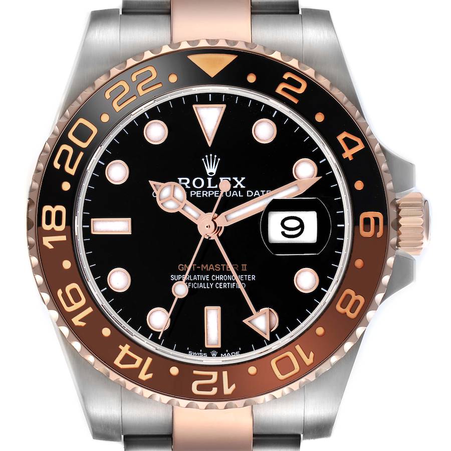 The Rolex GMT-Master watch is shown from a front angle, displaying the dial, bezel, crown, and part of the bracelet.