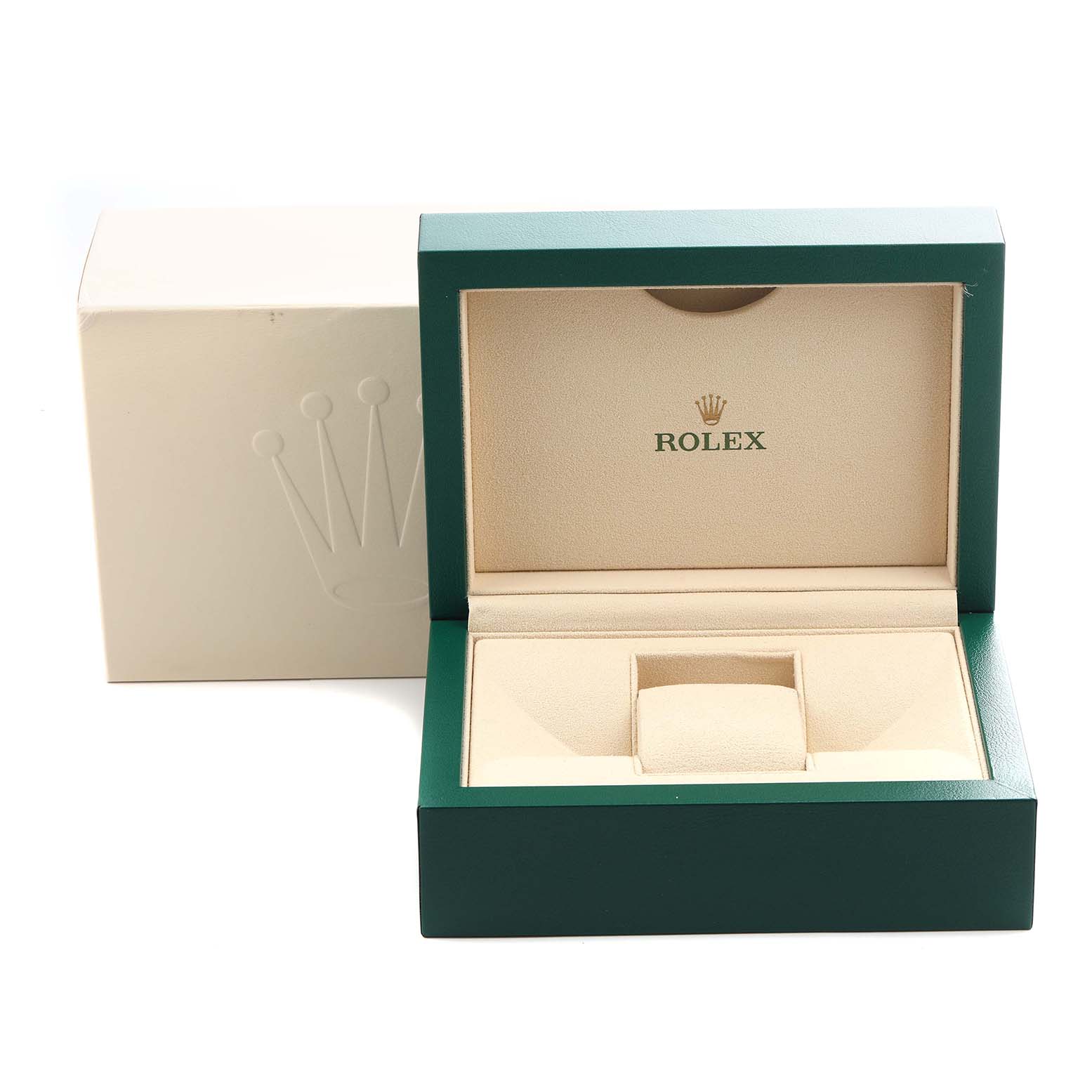 The image shows an open Rolex GMT-Master 126711 Men's Steel and Gold (two tone) Black Dial 126711 Men's Steel and Gold (two tone) Black Dial watch box, displaying the interior and the cushion for the watch.