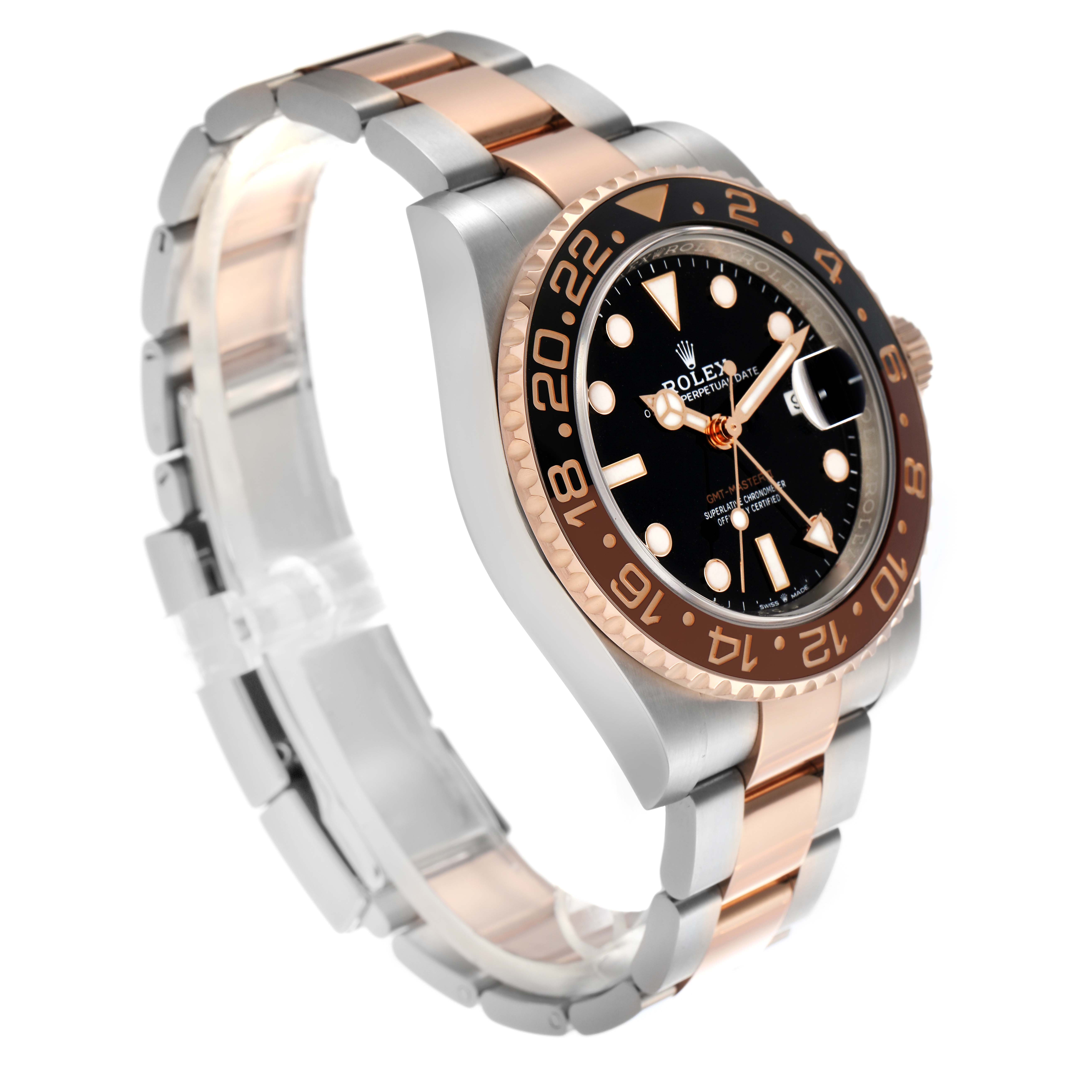 The Rolex GMT-Master 126711 Men's Steel and Gold (two tone) Black Dial 126711 Men's Steel and Gold (two tone) Black Dial is shown at a three-quarter angle, highlighting the bezel, dial, and two-tone bracelet.