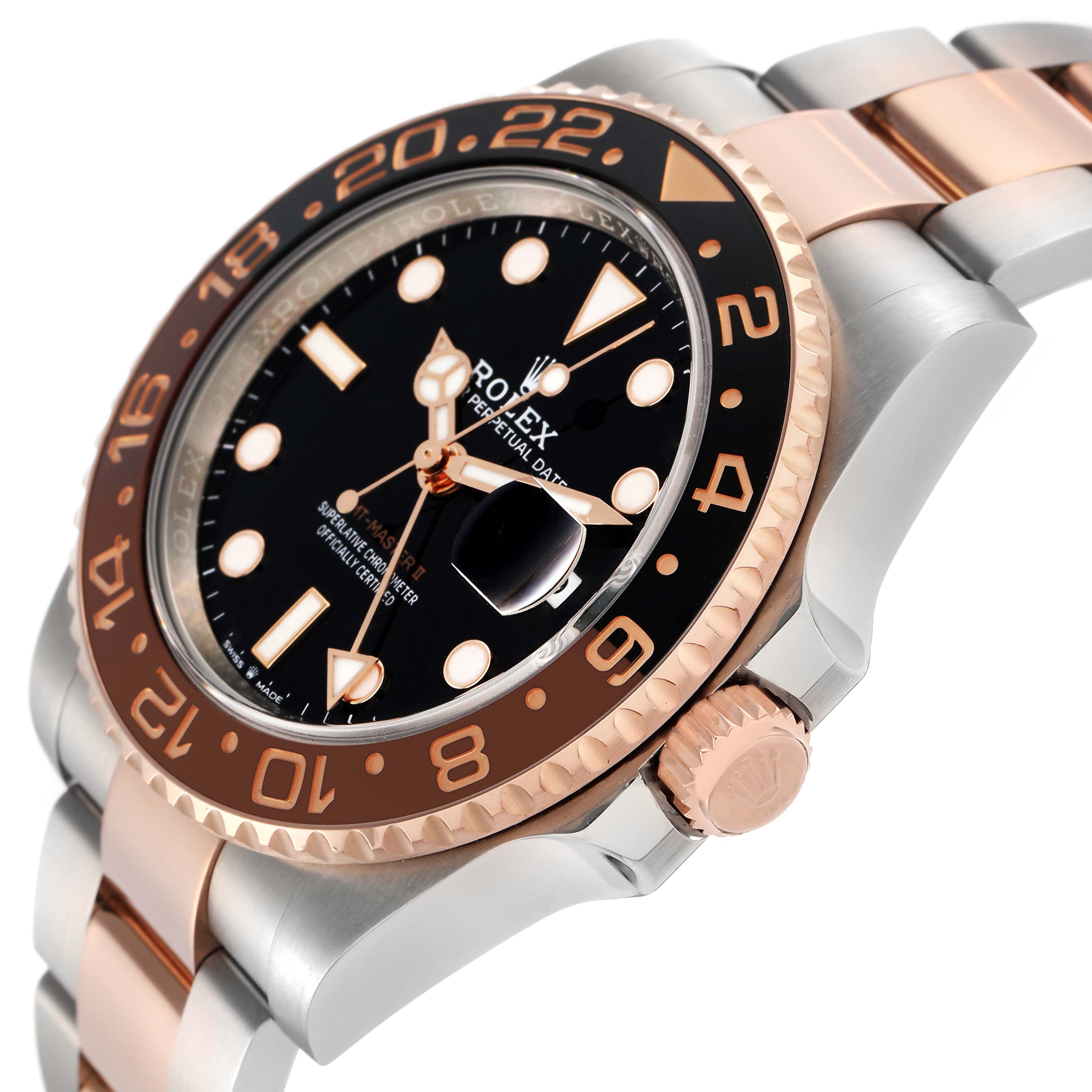 This Rolex GMT-Master 126711 Men's Steel and Gold (two tone) Black Dial 126711 Men's Steel and Gold (two tone) Black Dial watch is shown from an angled side view, highlighting the bezel, dial, crown, and part of the bracelet.