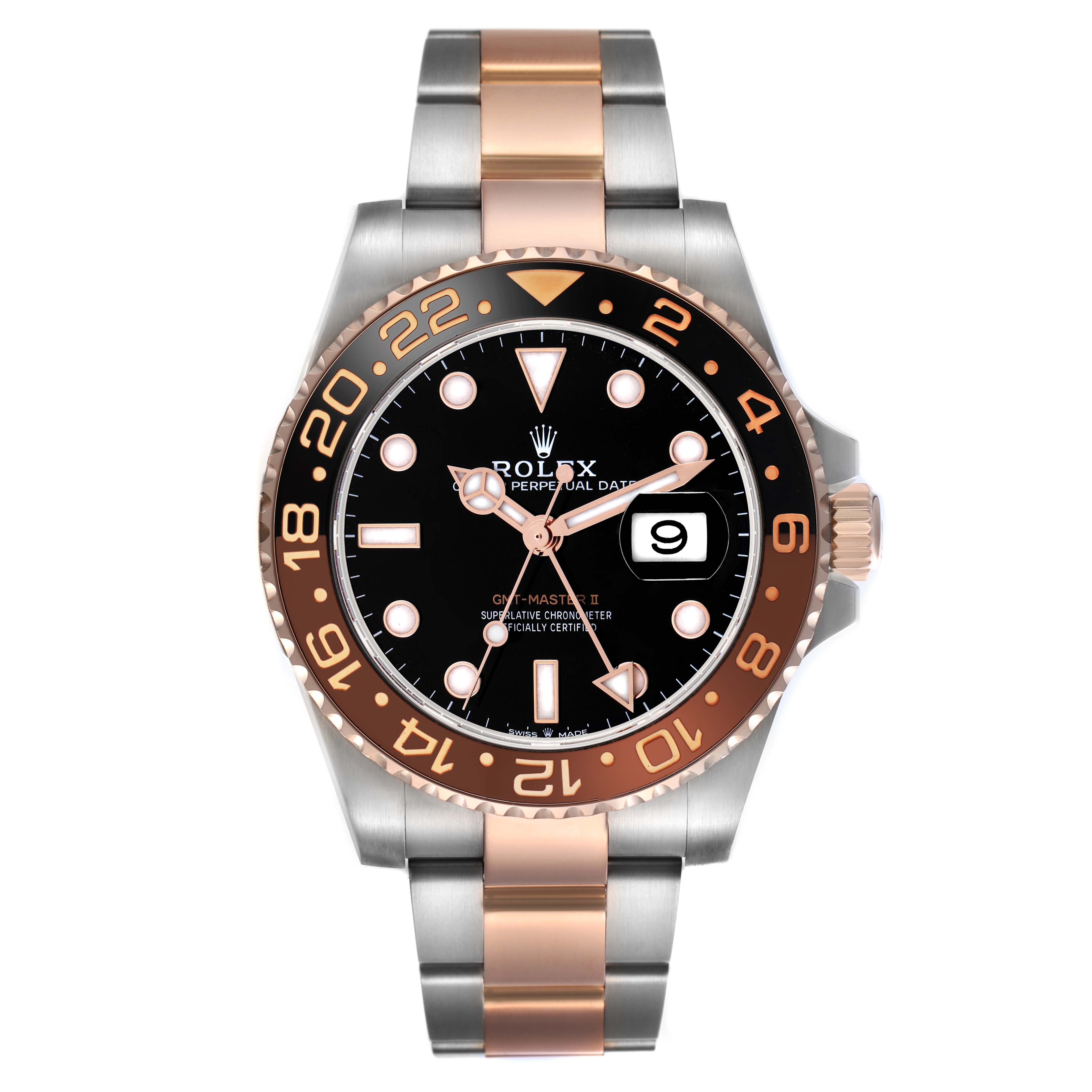 The Rolex GMT-Master 126711 Men's Steel and Gold (two tone) Black Dial 126711 Men's Steel and Gold (two tone) Black Dial watch is shown from a front angle, displaying its bezel, dial, hands, and bracelet.