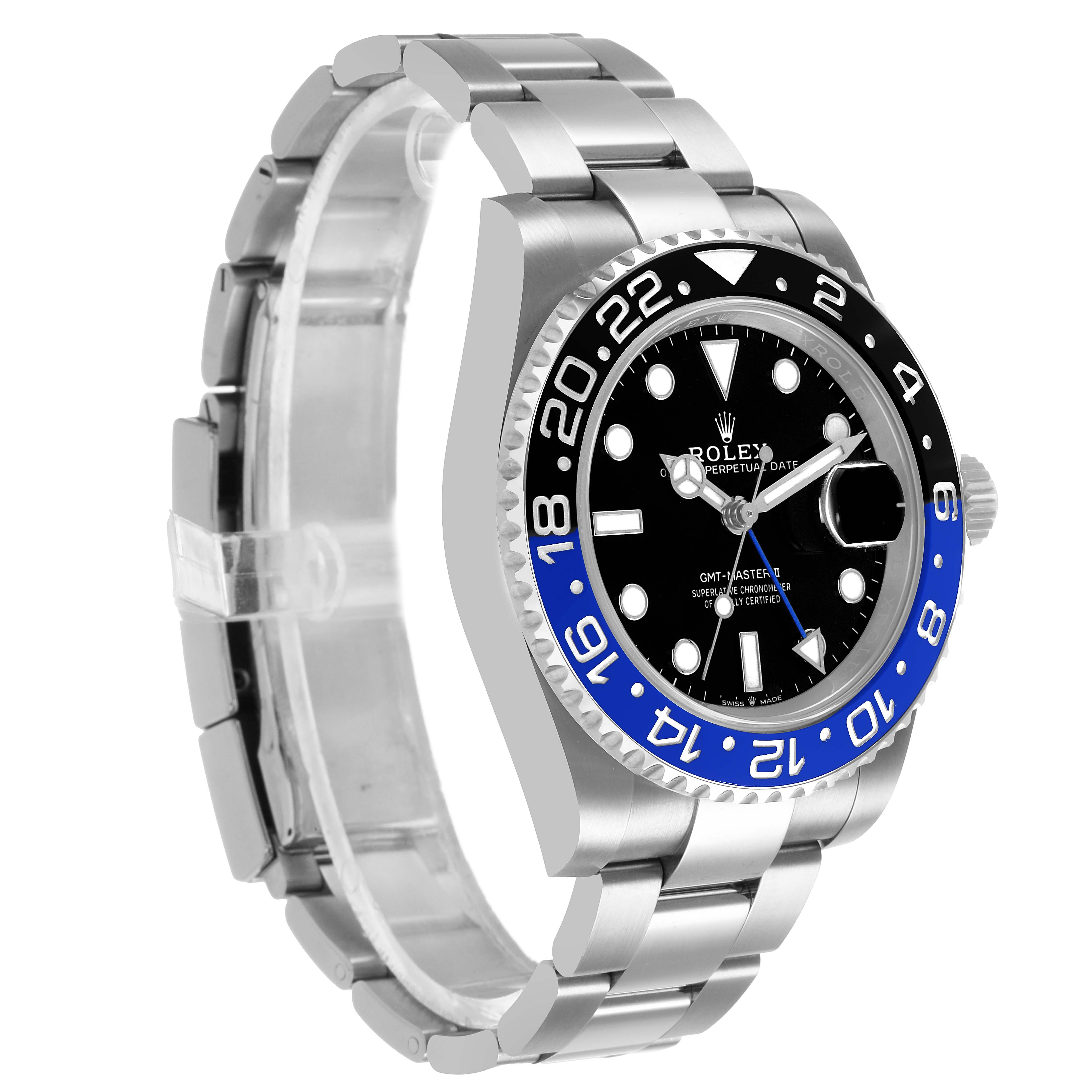 The Rolex GMT-Master 126710 Men's Stainless Steel Black Dial watch is shown at a side angle, highlighting the bezel, face, and bracelet.