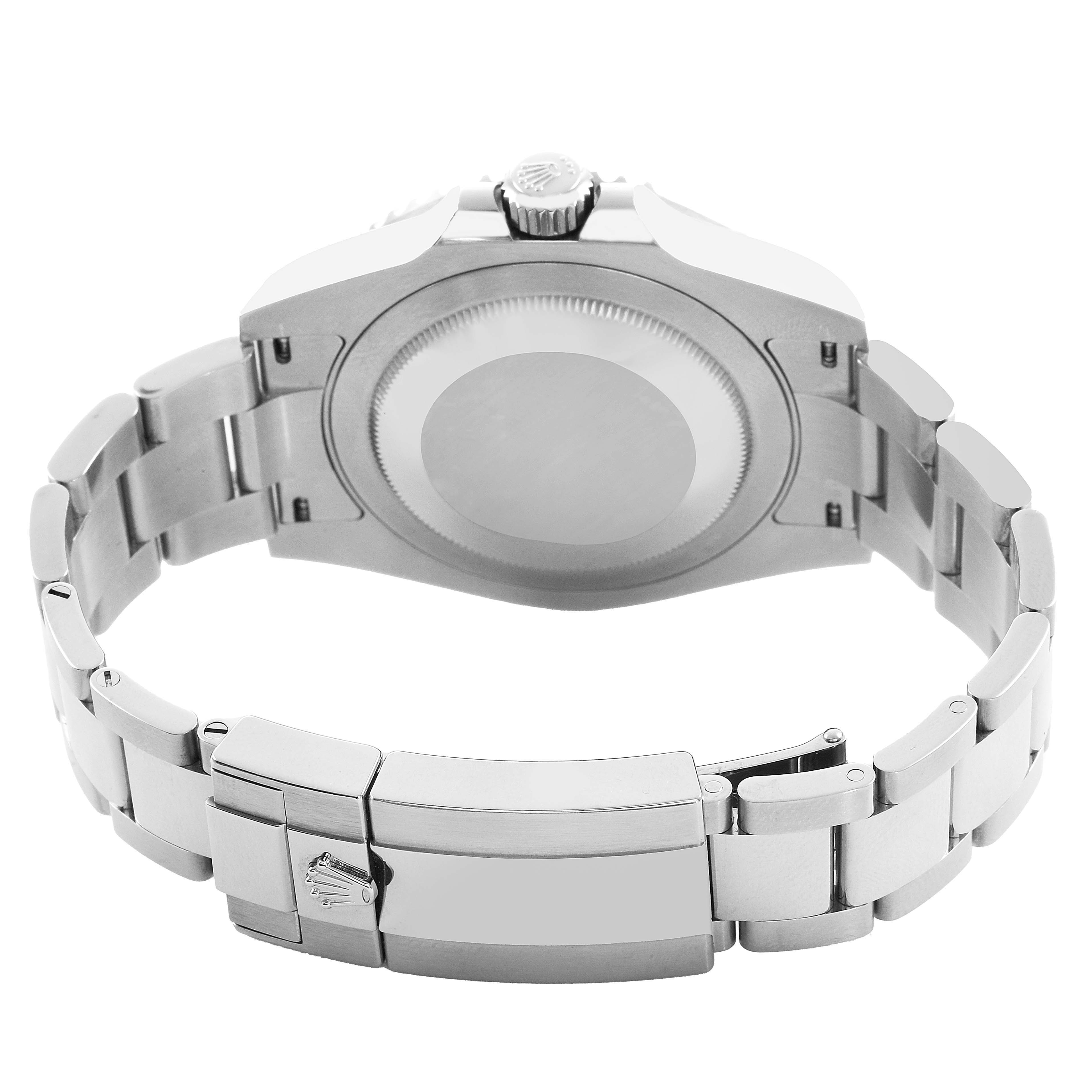 The image shows a back view of the Rolex GMT-Master 126710 Men's Stainless Steel Black Dial, featuring the case back, crown, and metal bracelet with clasp.