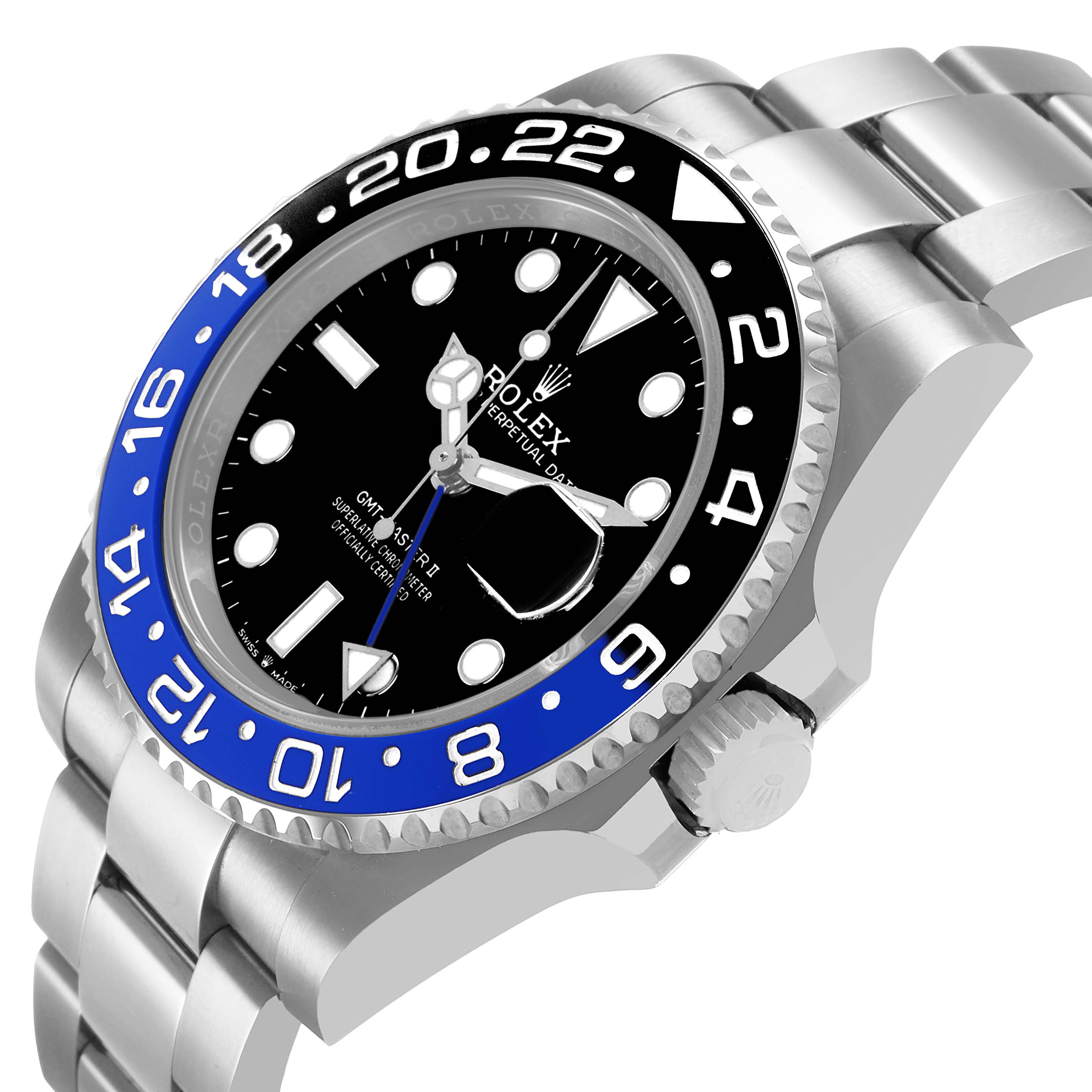 The Rolex GMT-Master 126710 Men's Stainless Steel Black Dial watch is shown at an angled side view, highlighting the bezel, case, dial, crown, and part of the bracelet.