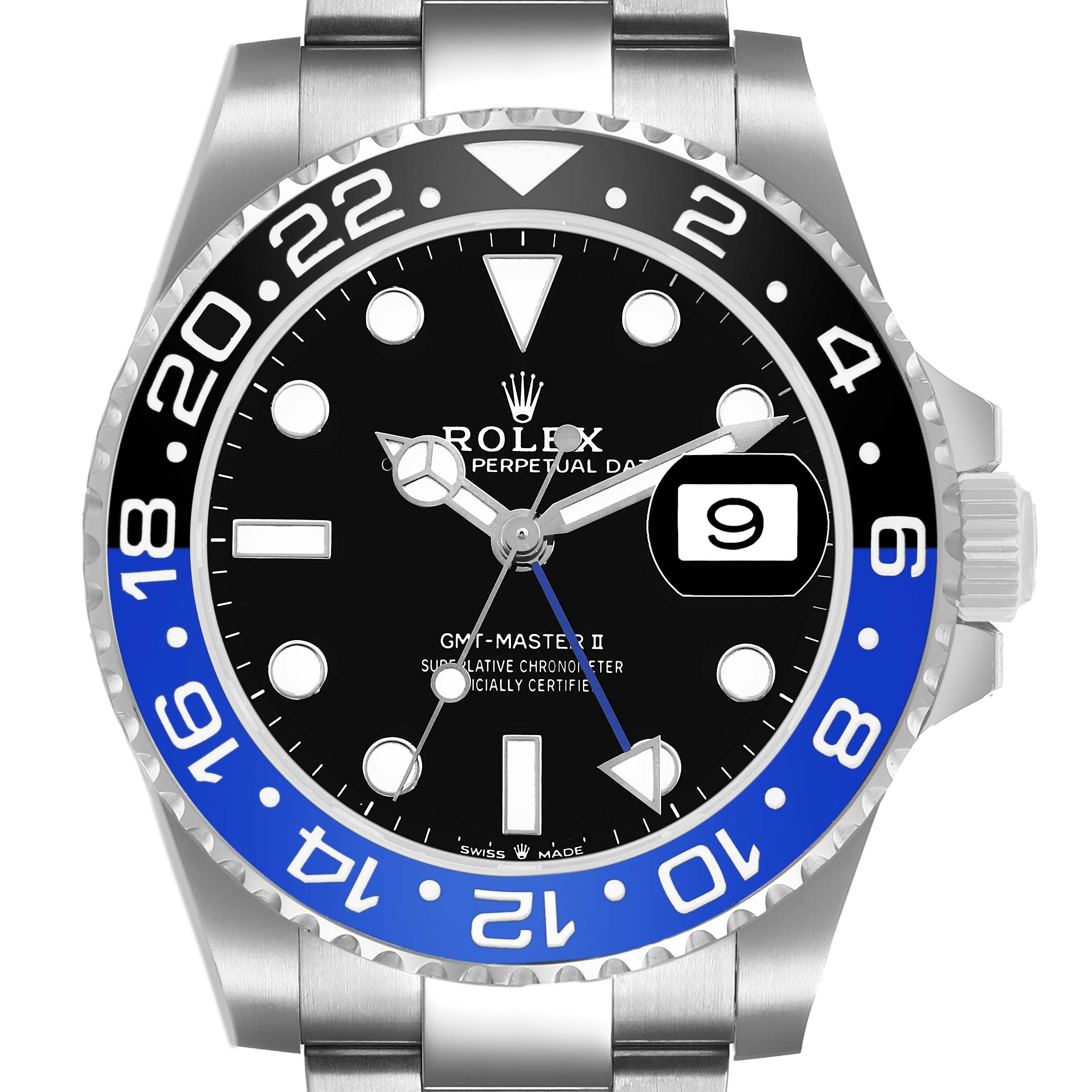 The image shows a front view of a Rolex GMT-Master 126710 Men's Stainless Steel Black Dial II watch, highlighting its black and blue bezel and dial features.