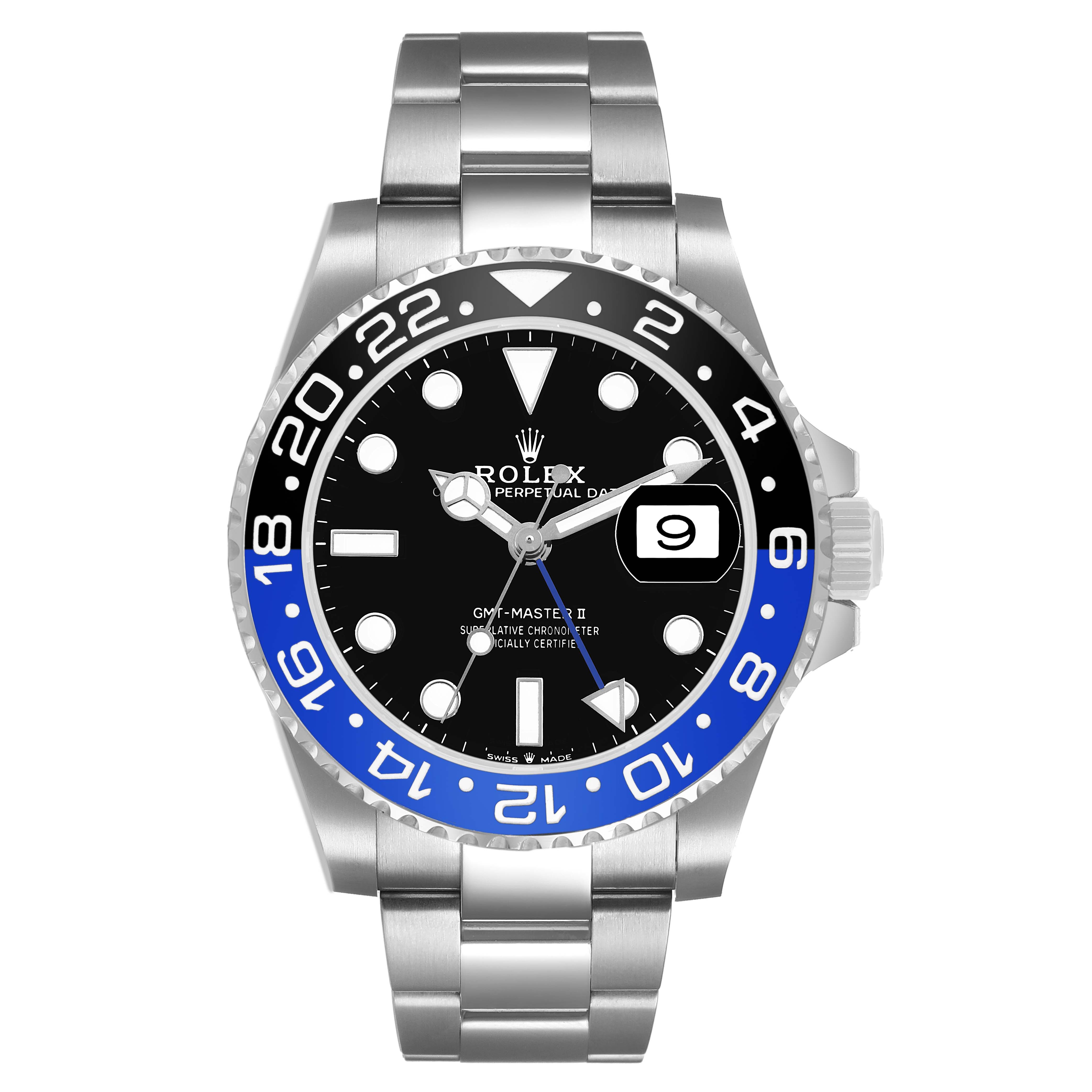 The Rolex GMT-Master 126710 Men's Stainless Steel Black Dial watch is shown from the front, displaying the bezel, dial, bracelet, and date window.