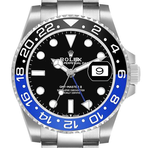 The image shows a front view of a Rolex GMT-Master 126710 Men's Stainless Steel Black Dial II watch, highlighting its bezel, dial, and bracelet.