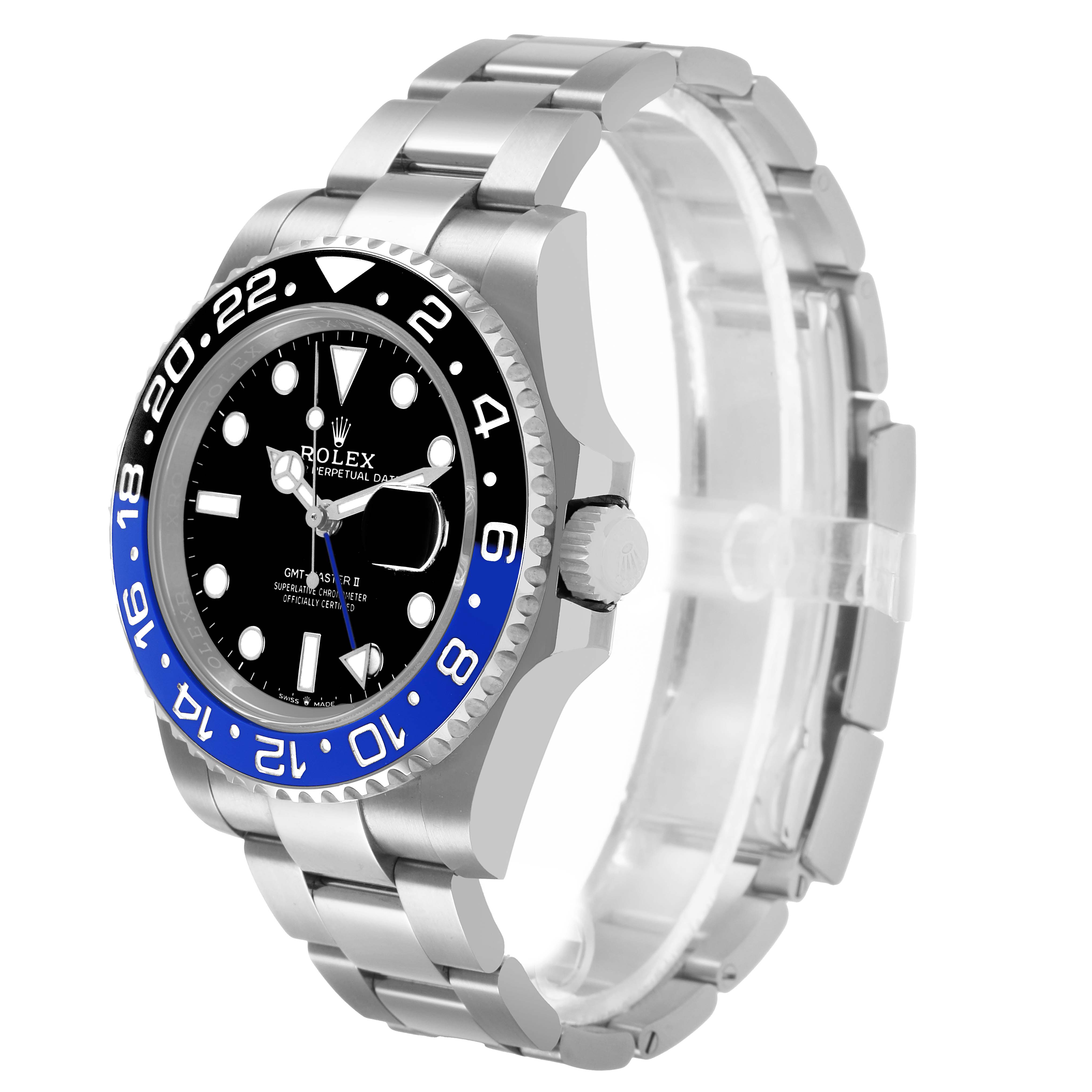 The Rolex GMT-Master 126710 Men's Stainless Steel Black Dial watch is shown at a three-quarter angle, displaying the bezel, dial, and bracelet clearly.