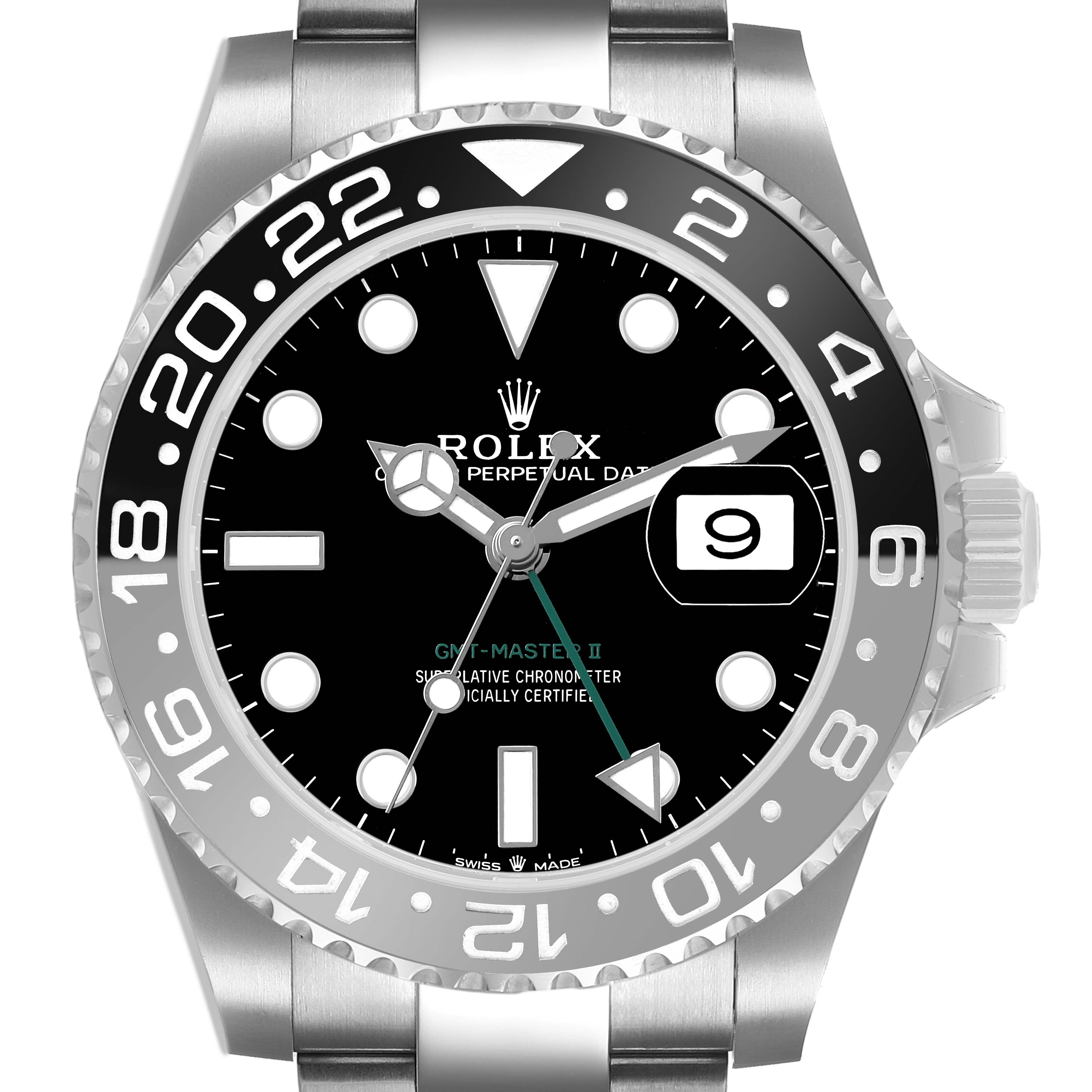 The Rolex GMT-Master 126710 Men's Stainless Steel Black Dial II is shown from the front, highlighting the bezel, dial, hands, date, and part of the bracelet.