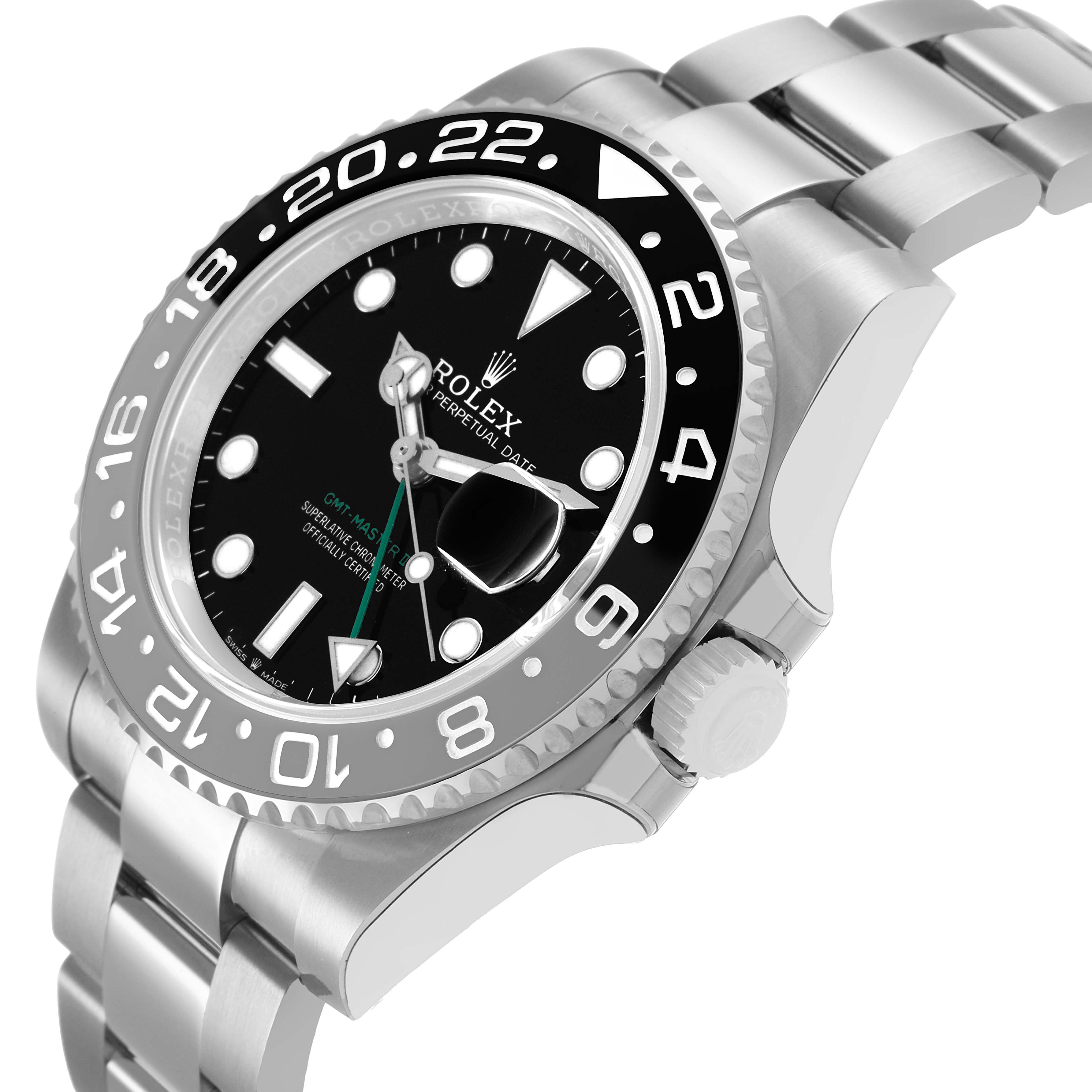 The Rolex GMT-Master 126710 Men's Stainless Steel Black Dial watch is shown from a three-quarter angle, highlighting the bezel, dial, and bracelet.