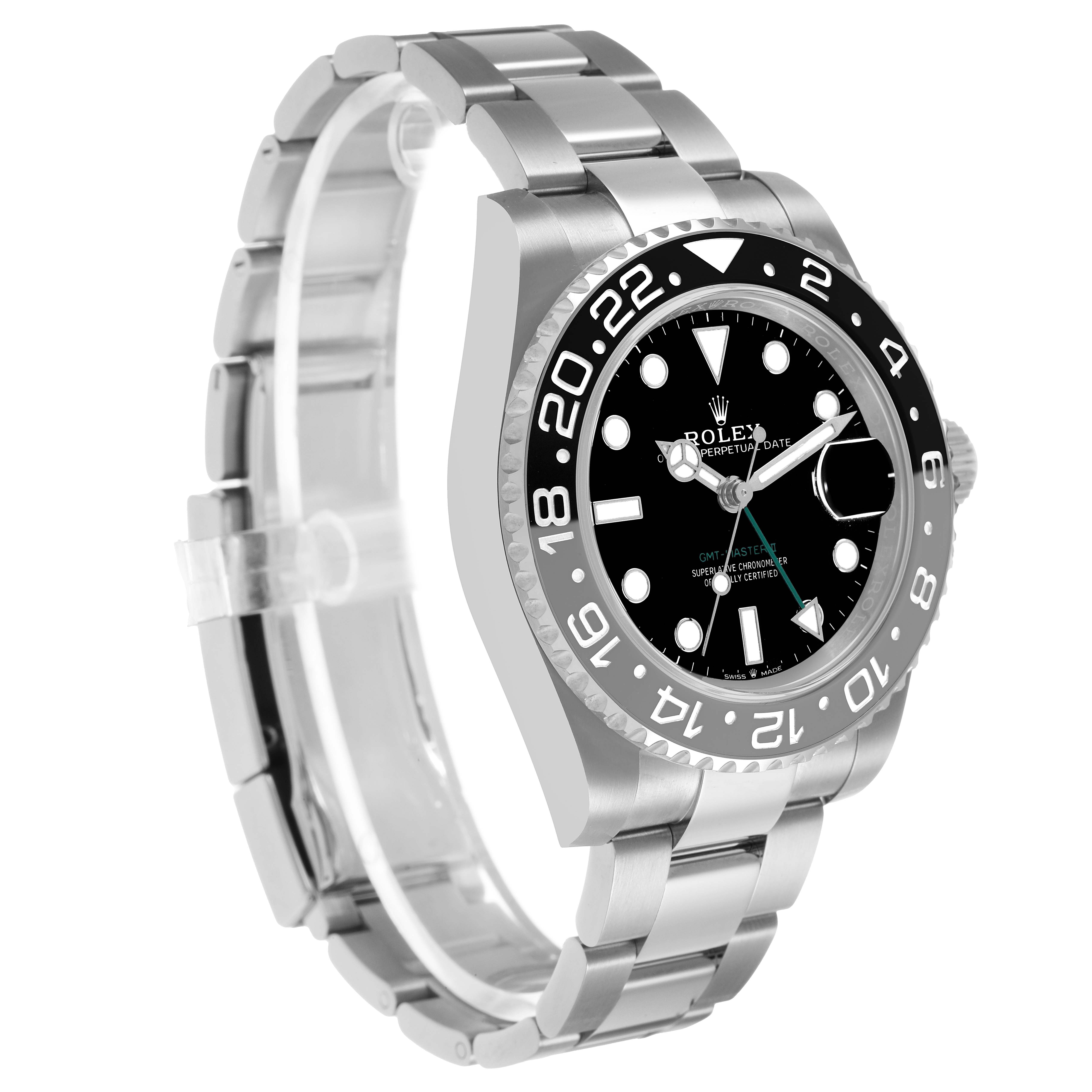 The Rolex GMT-Master 126710 Men's Stainless Steel Black Dial watch is shown at a three-quarter angle highlighting the face, bezel, and bracelet.
