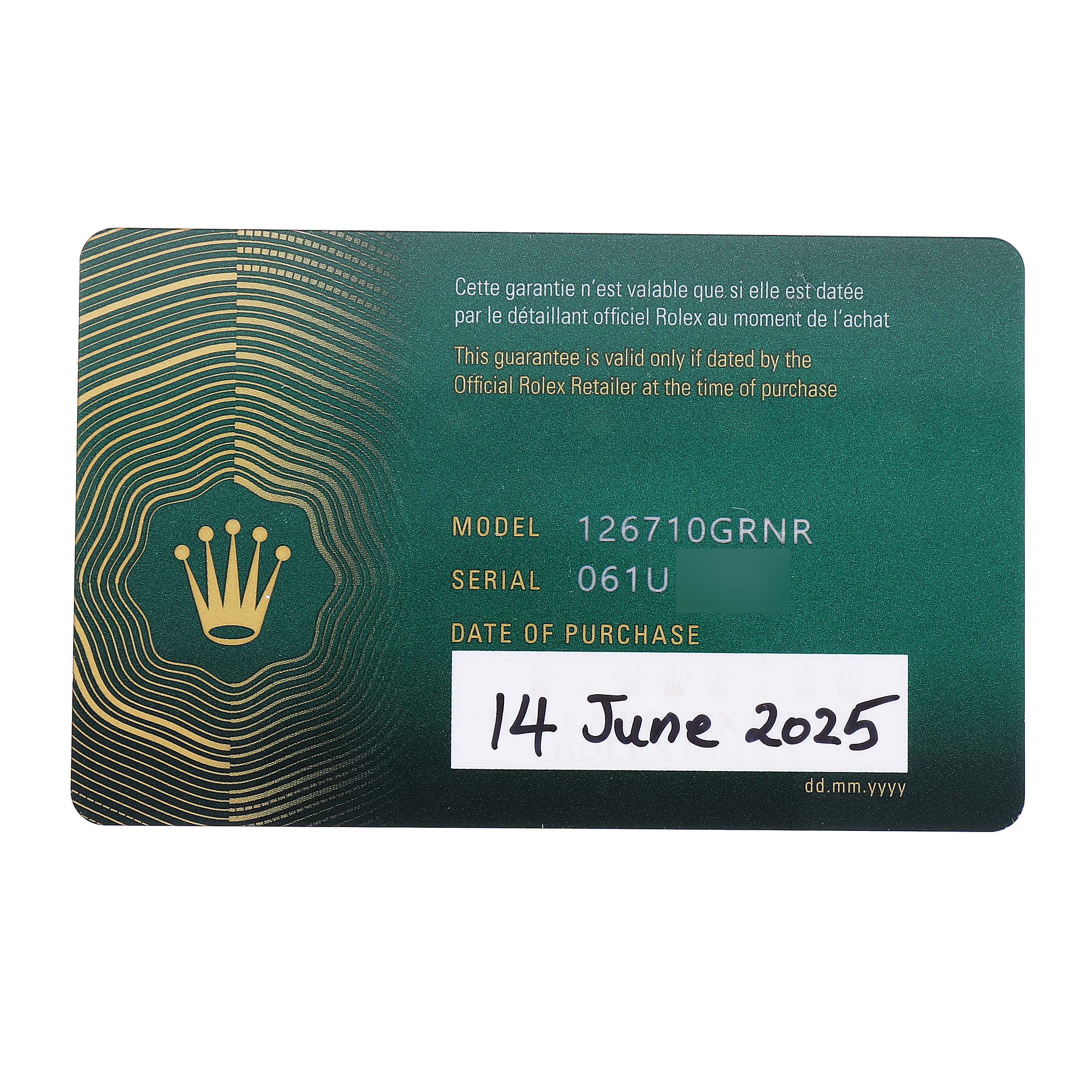 The image shows a flat view of a Rolex warranty card for the GMT-Master model.