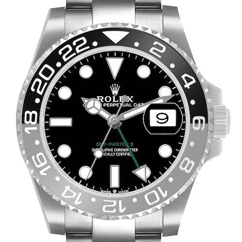 The Rolex GMT-Master 126710 Men's Stainless Steel Black Dial II is shown from the front, highlighting the bezel, dial, date window, and hands.