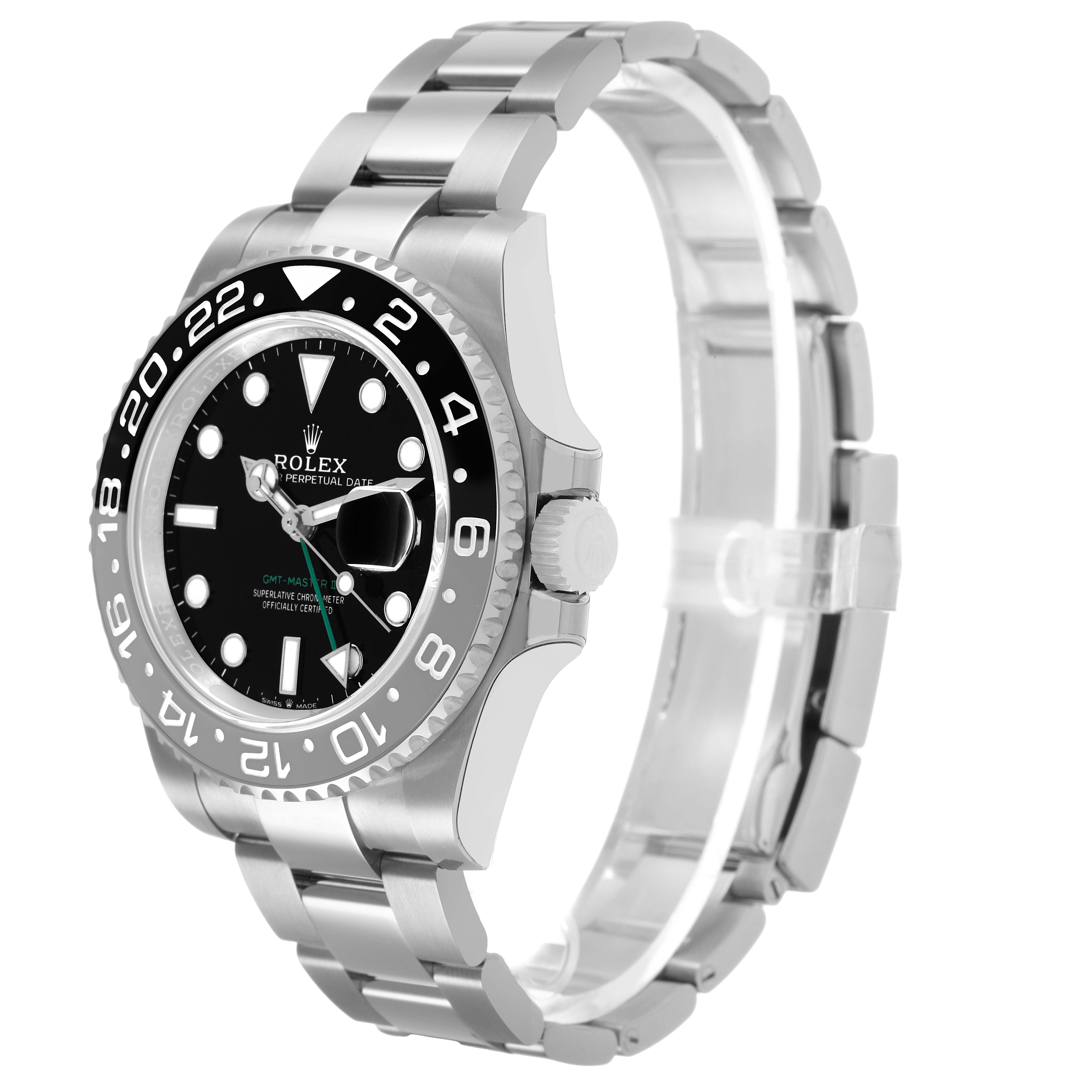 The Rolex GMT-Master 126710 Men's Stainless Steel Black Dial watch is shown at a three-quarter angle, displaying the face, bezel, case side, and bracelet.