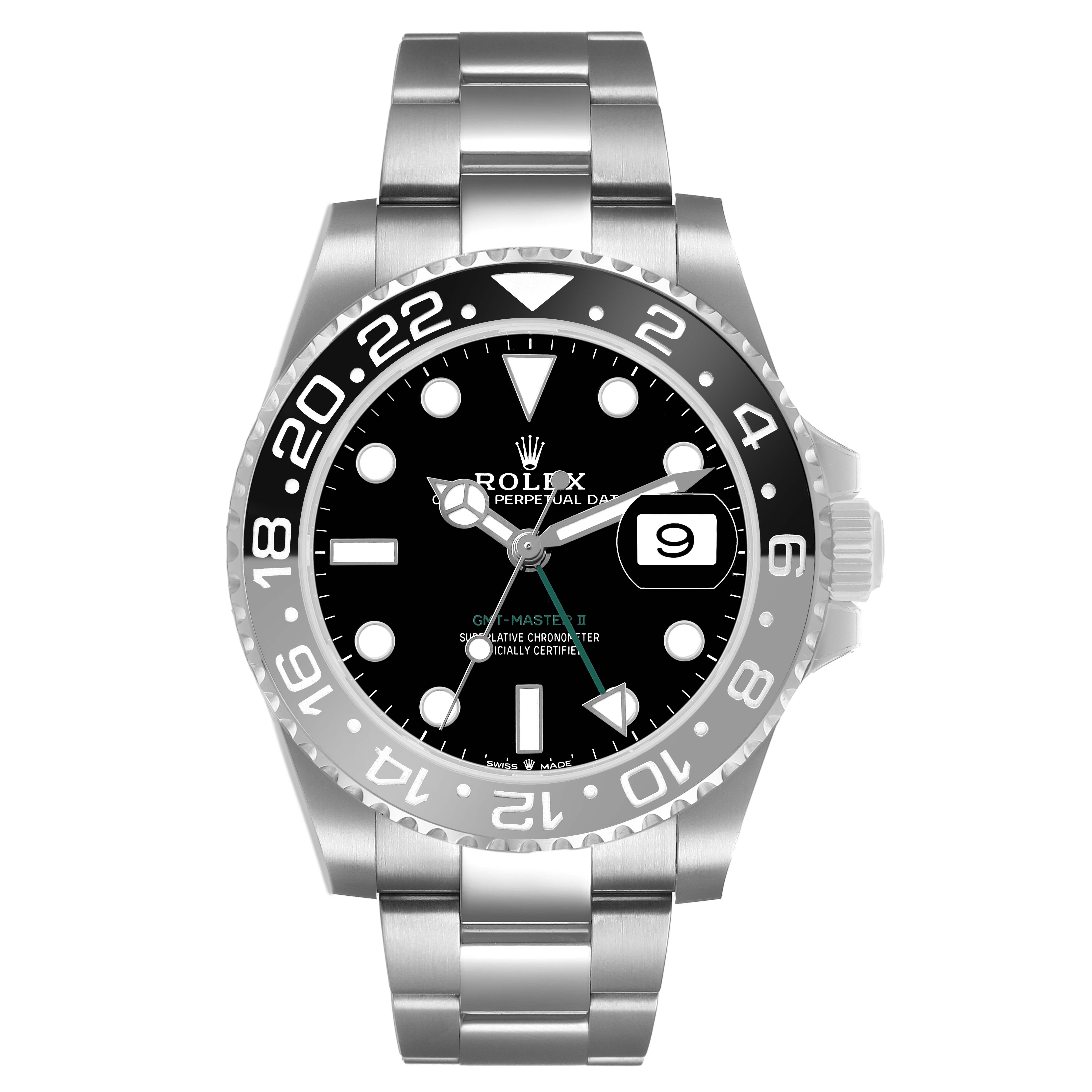 The Rolex GMT-Master 126710 Men's Stainless Steel Black Dial watch is shown from a front angle, displaying the dial, bezel, and bracelet.