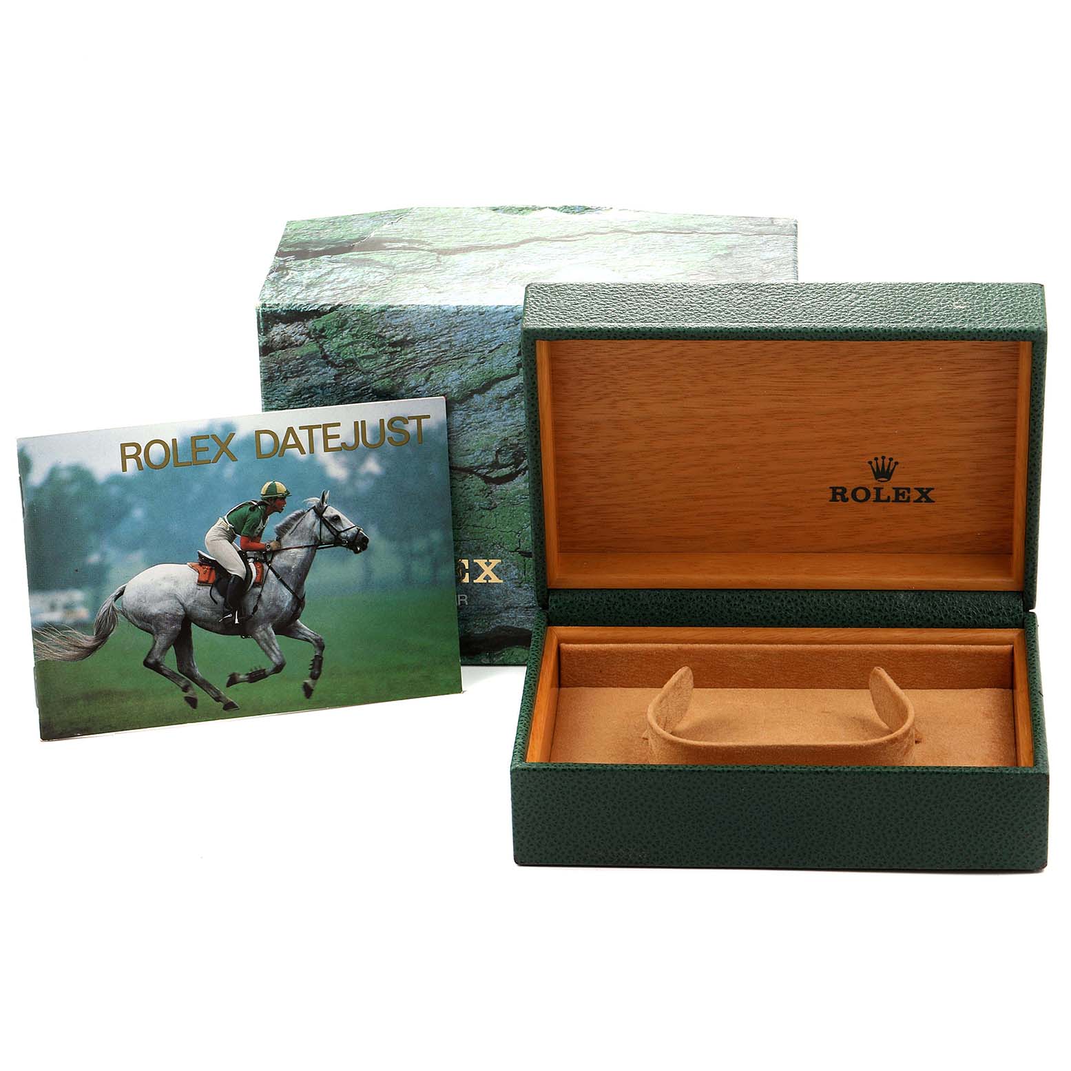 This image shows a Rolex Datejust box, booklet, and outer packaging at an angle from the front.