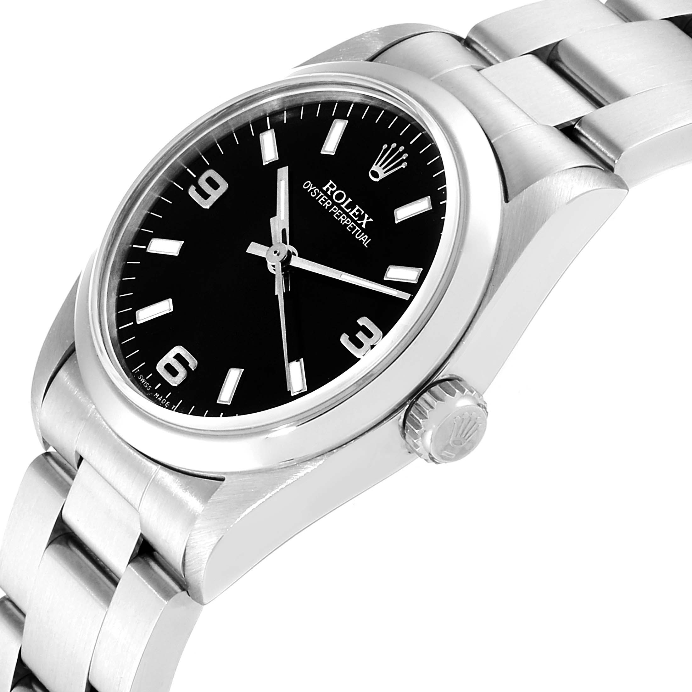 The Rolex Mid-Size 67480 Women's Stainless Steel Black Dial 67480 Women's Stainless Steel Black Dial watch is shown at an angled side view, highlighting the crown, part of the bracelet, and black dial.