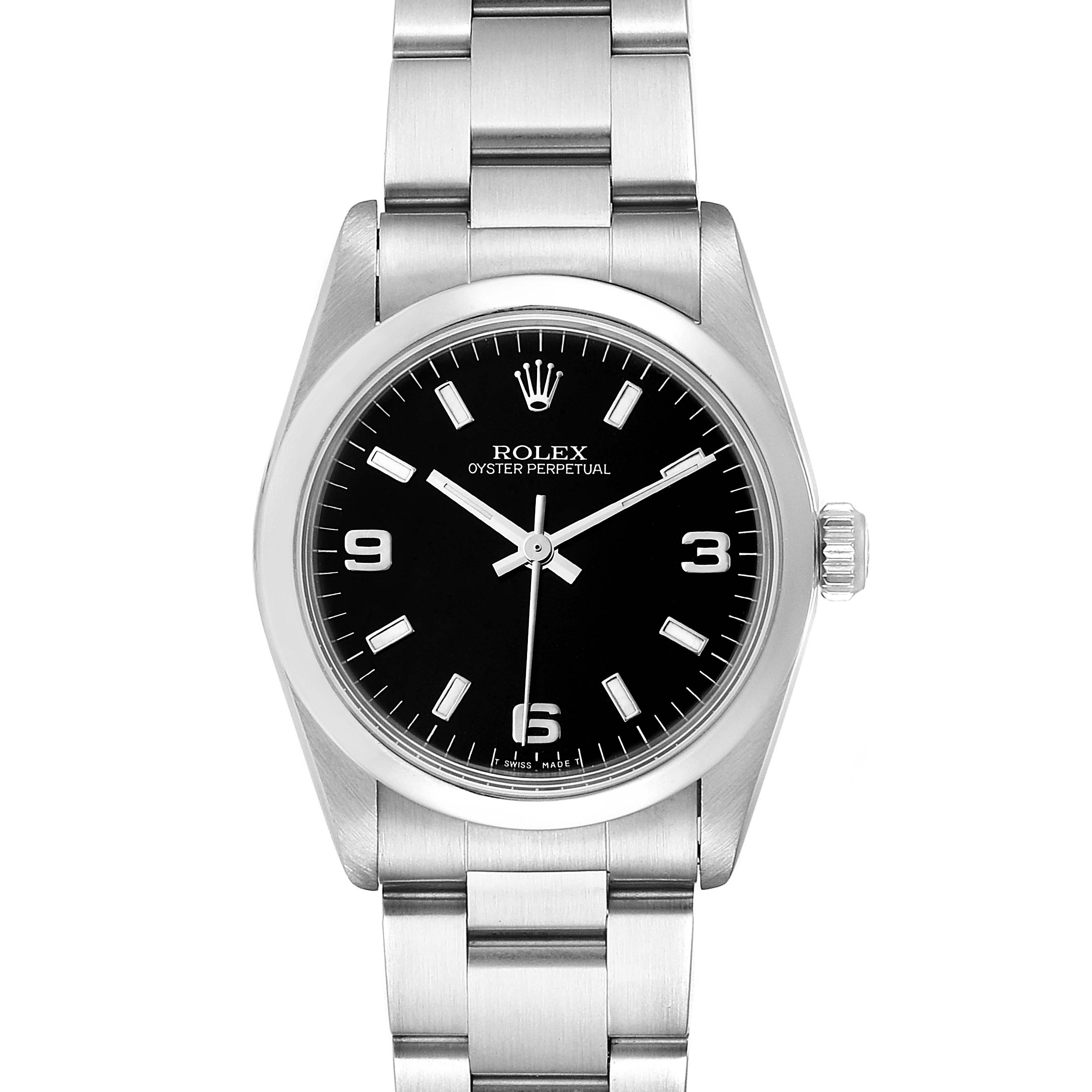 This image shows a front view of a Rolex Mid-Size 67480 Women's Stainless Steel Black Dial 67480 Women's Stainless Steel Black Dial Oyster Perpetual watch, displaying the face, bezel, and part of the bracelet.