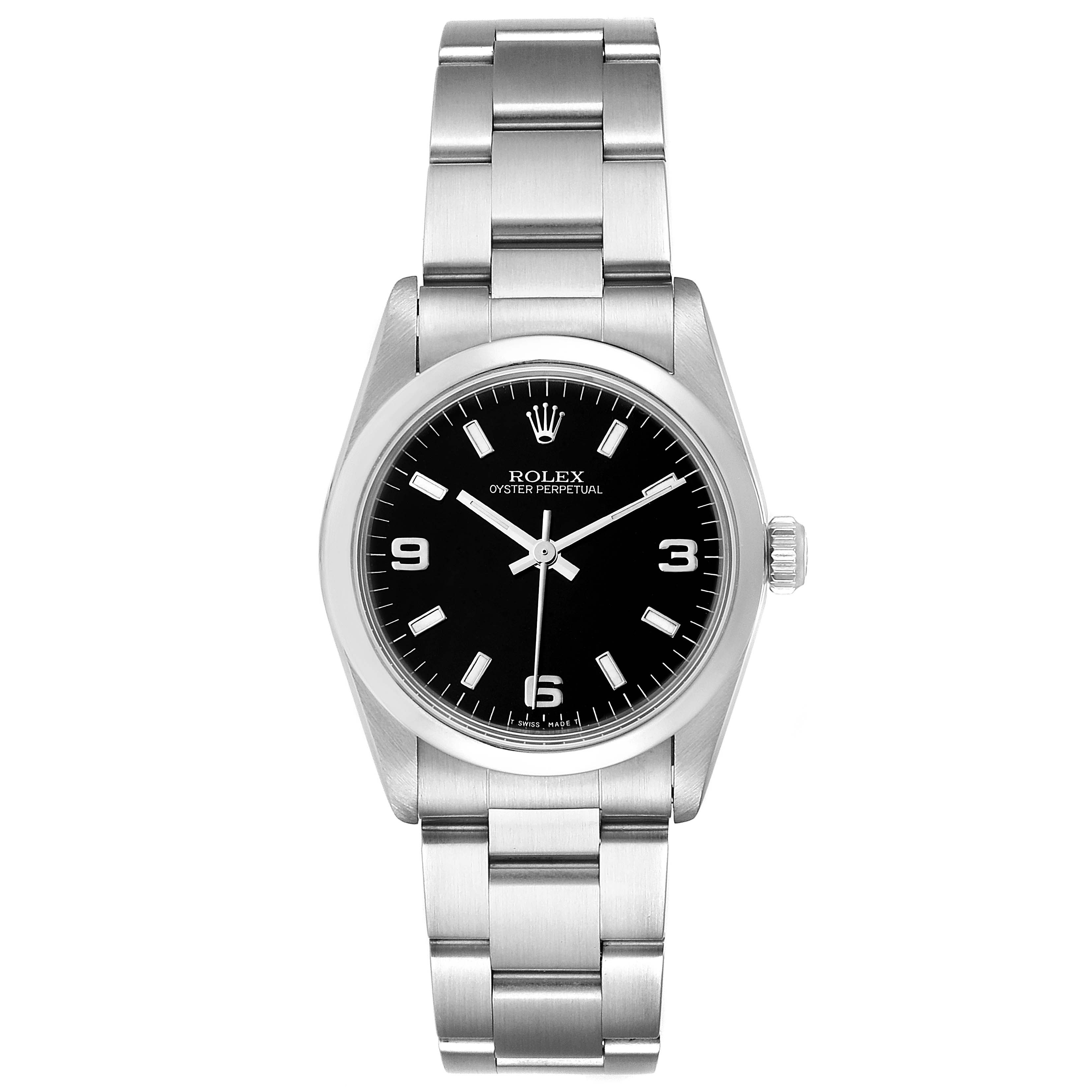 This Rolex Mid-Size 67480 Women's Stainless Steel Black Dial 67480 Women's Stainless Steel Black Dial model watch is shown from a front angle displaying its black dial, silver hands, markers, and stainless steel bracelet.