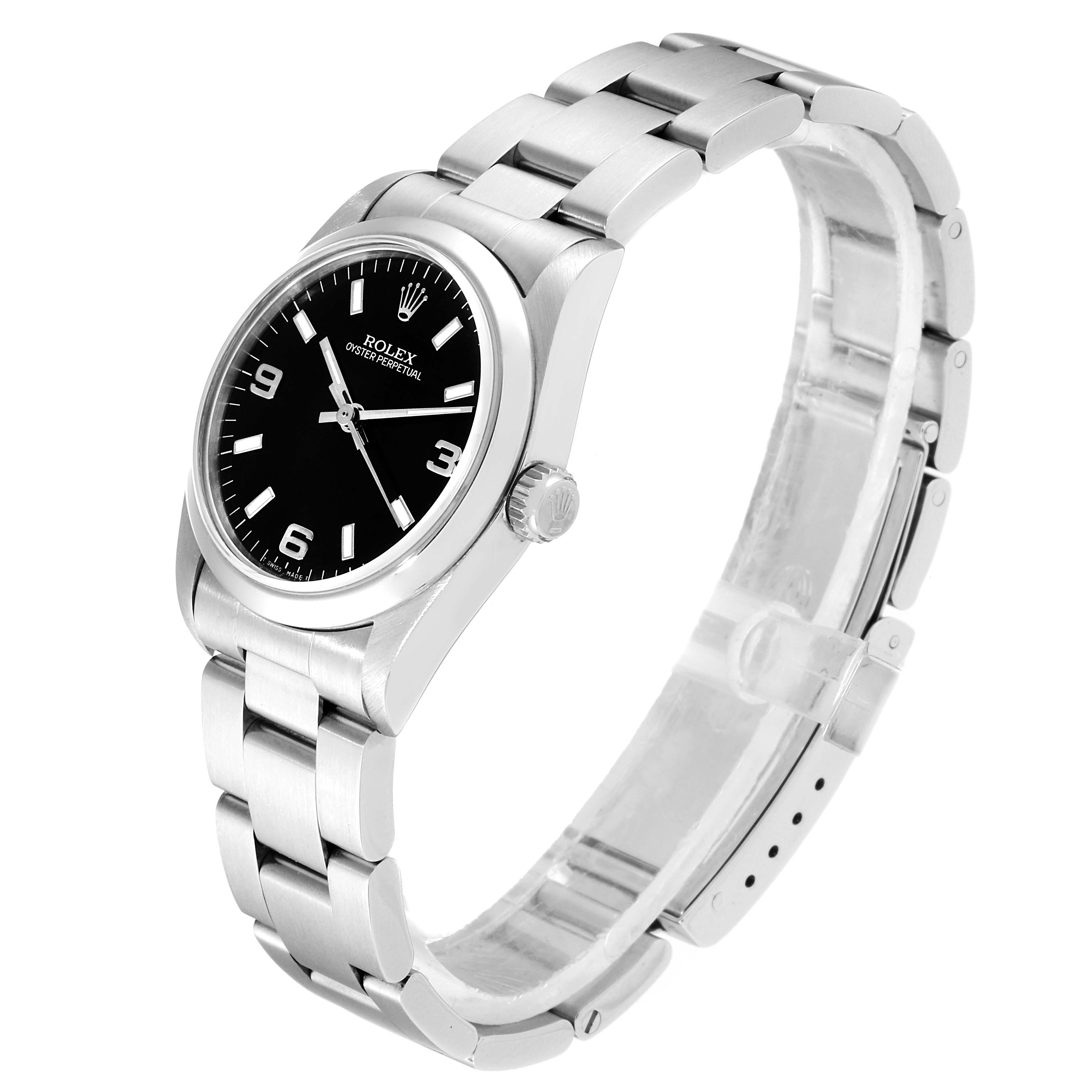 This image shows a Rolex Mid-Size 67480 Women's Stainless Steel Black Dial 67480 Women's Stainless Steel Black Dial model, angled from the front left, displaying the dial, crown, and stainless steel bracelet.