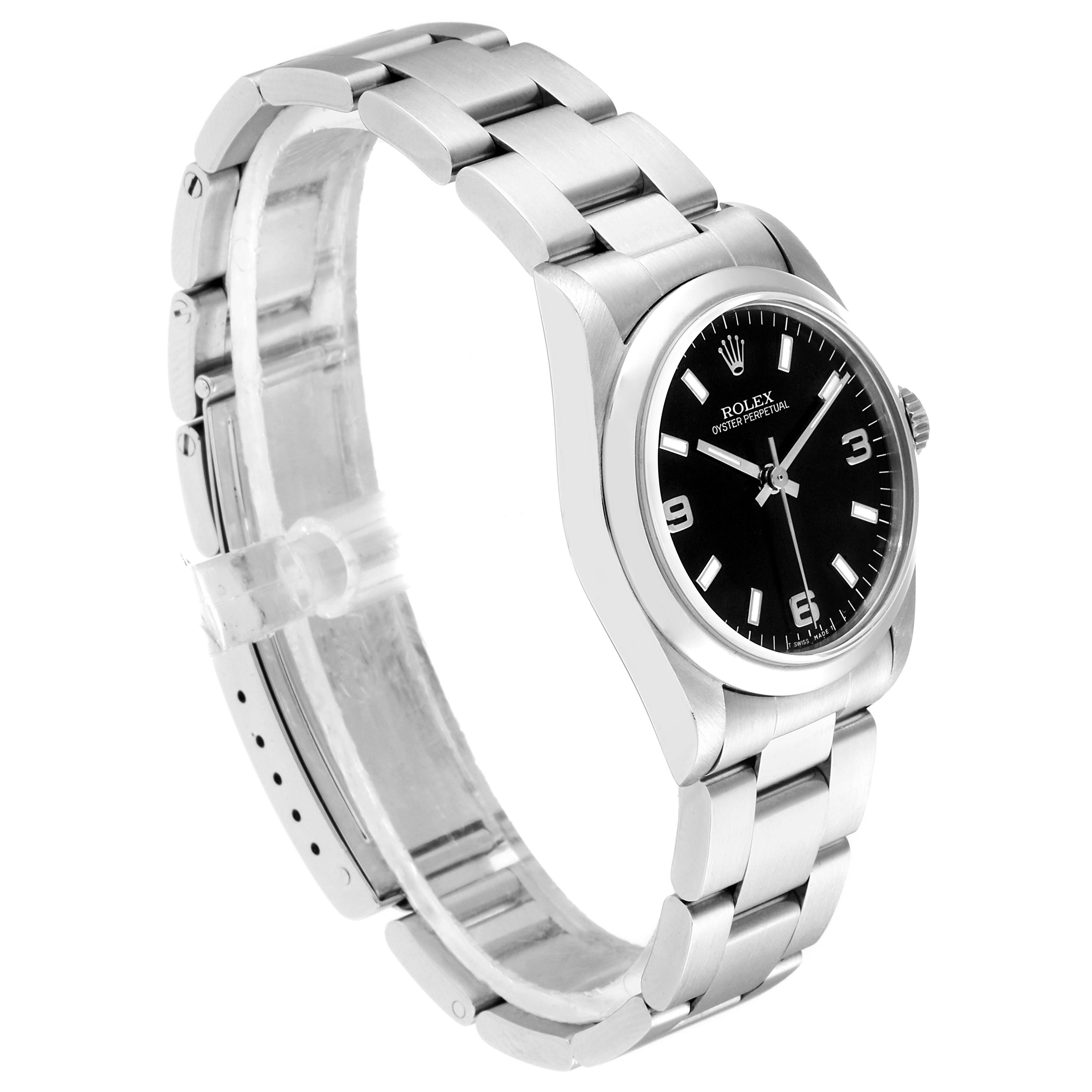 The image shows a side angle view of the Rolex Mid-Size 67480 Women's Stainless Steel Black Dial 67480 Women's Stainless Steel Black Dial watch, highlighting the bracelet, dial, and crown.