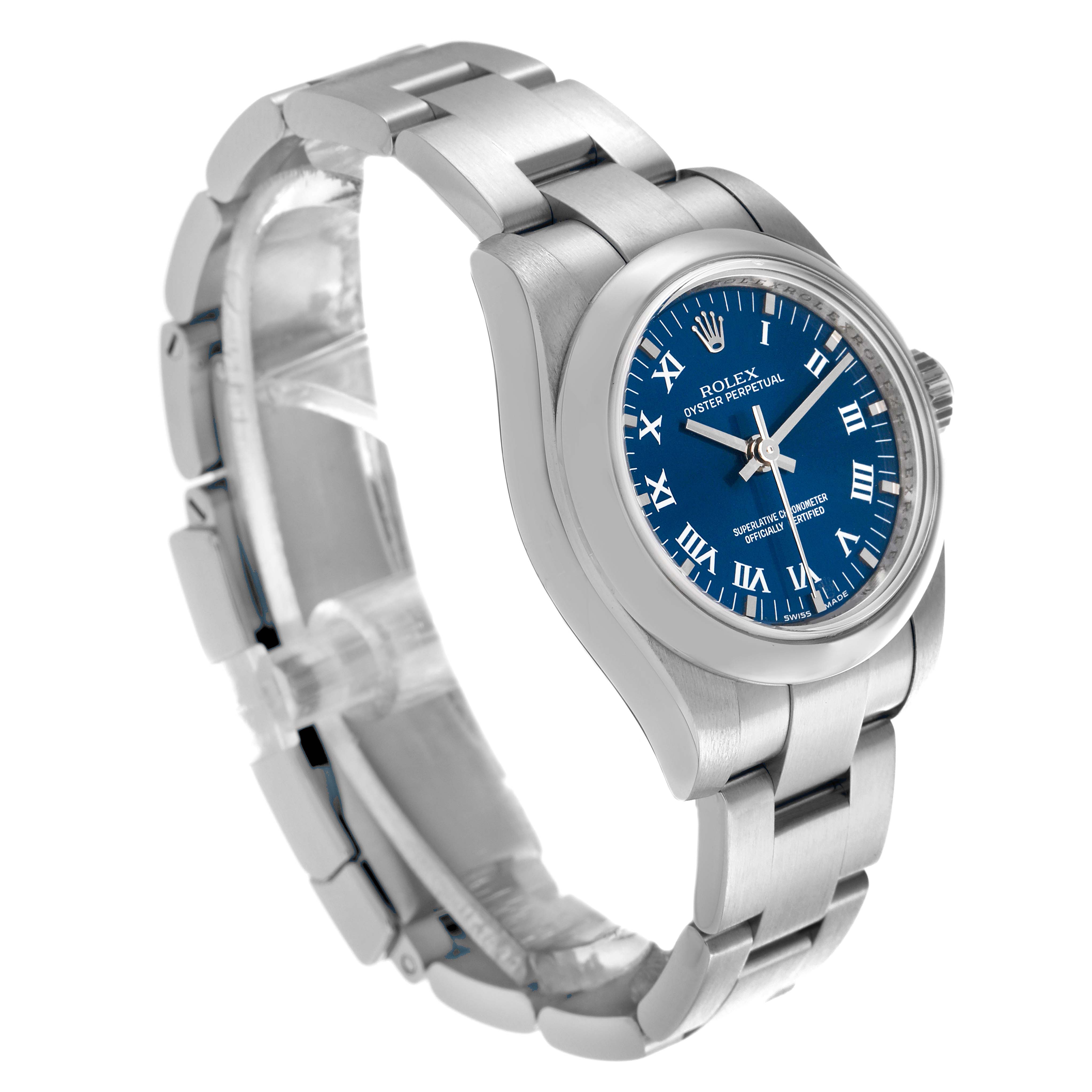 The Rolex Oyster Perpetual 176200 Women's Stainless Steel Blue Dial 176200 Women's Stainless Steel Blue Dial watch is shown at a three-quarter angle, highlighting the blue dial, bezel, and bracelet.