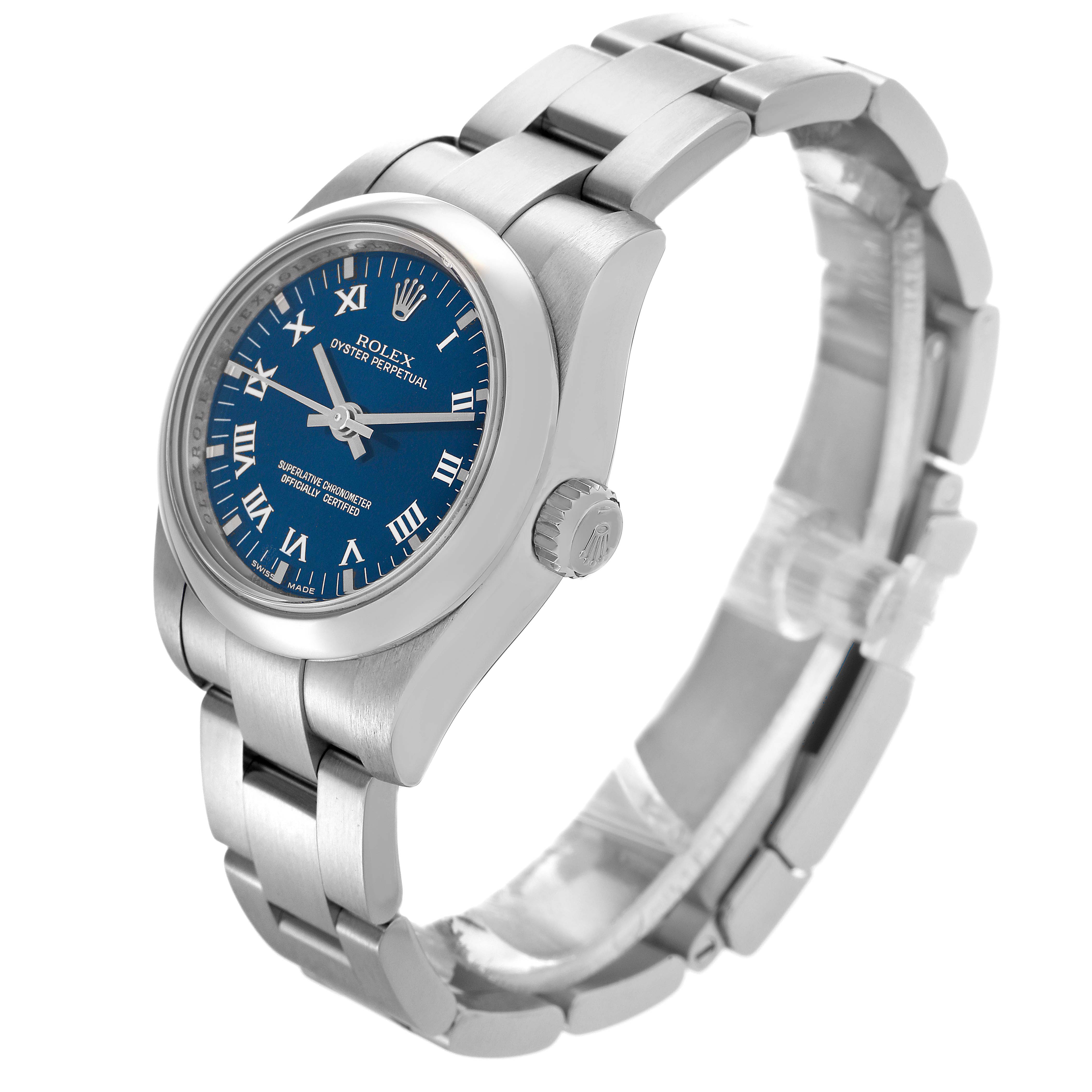 The Rolex Oyster Perpetual 176200 Women's Stainless Steel Blue Dial 176200 Women's Stainless Steel Blue Dial watch is shown at a three-quarter angle, displaying the blue dial, bezel, crown, and bracelet.