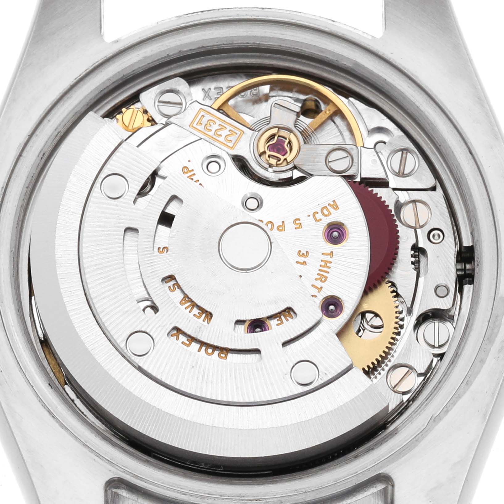 The image shows the movement of a Rolex Oyster Perpetual 176200 Women's Stainless Steel Blue Dial 176200 Women's Stainless Steel Blue Dial, viewed from the back with various gears and components visible.