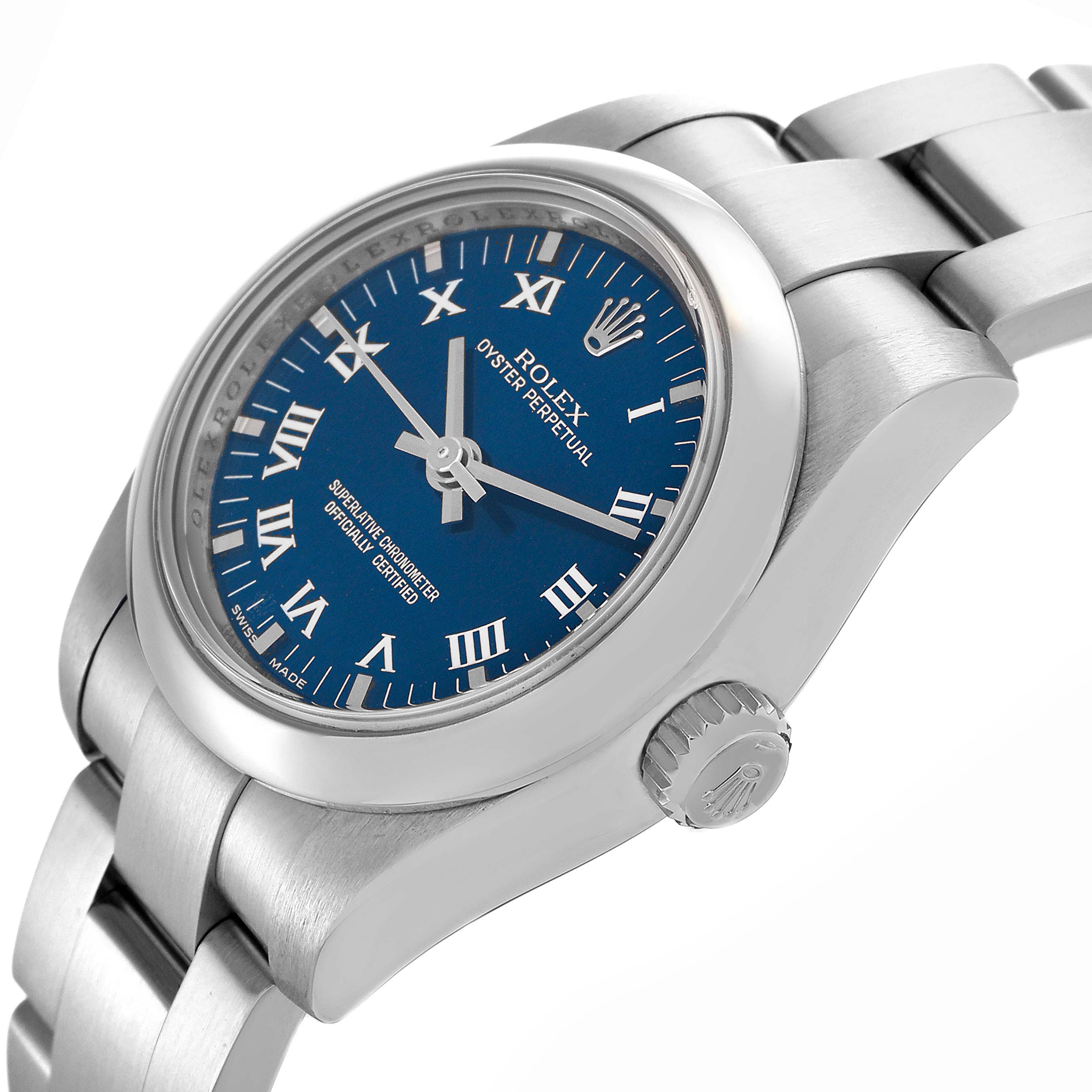The Rolex Oyster Perpetual 176200 Women's Stainless Steel Blue Dial 176200 Women's Stainless Steel Blue Dial watch is shown at a side angle, displaying the blue dial, crown, and part of the bracelet.