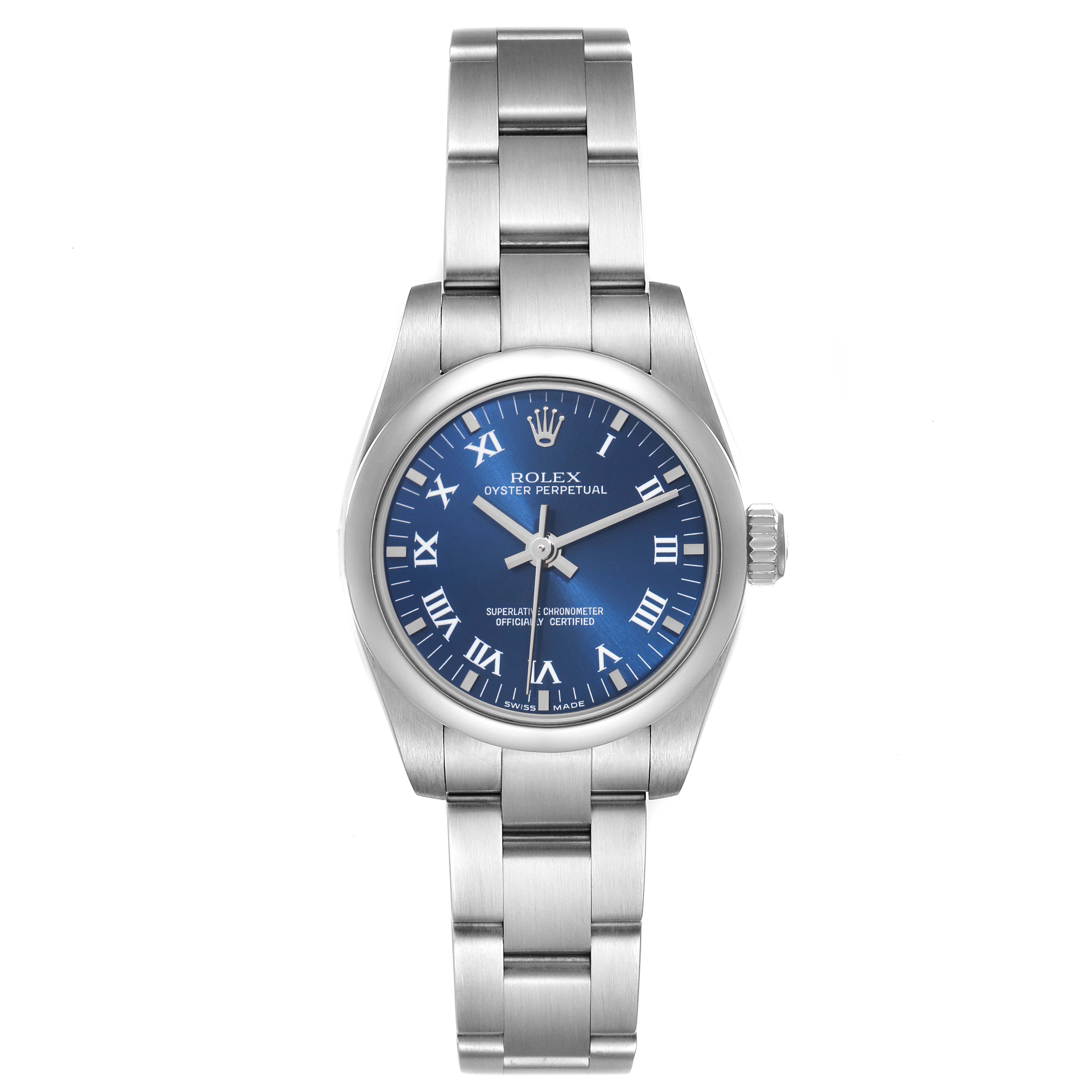The image shows a Rolex Oyster Perpetual 176200 Women's Stainless Steel Blue Dial 176200 Women's Stainless Steel Blue Dial watch from a top-down angle, featuring a blue dial and a stainless steel bracelet.