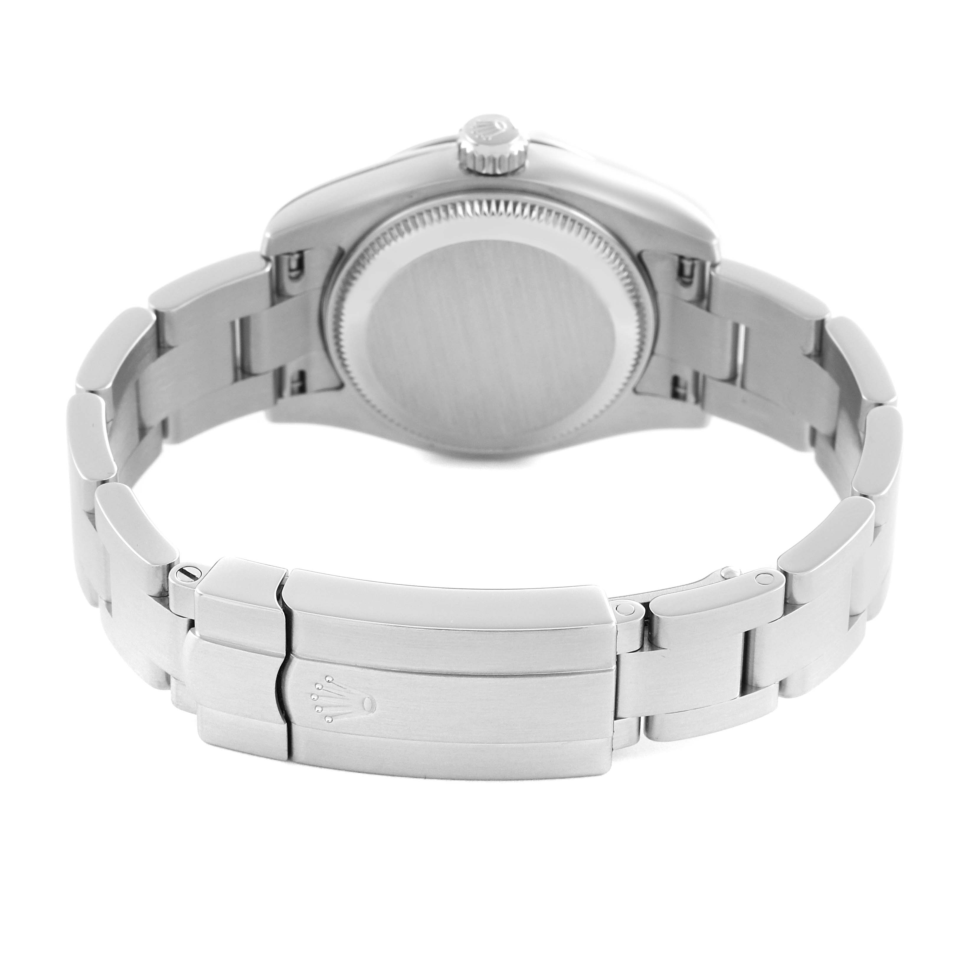 The image shows the back view of a Rolex Oyster Perpetual 176200 Women's Stainless Steel Blue Dial 176200 Women's Stainless Steel Blue Dial watch, highlighting the clasp and bracelet.