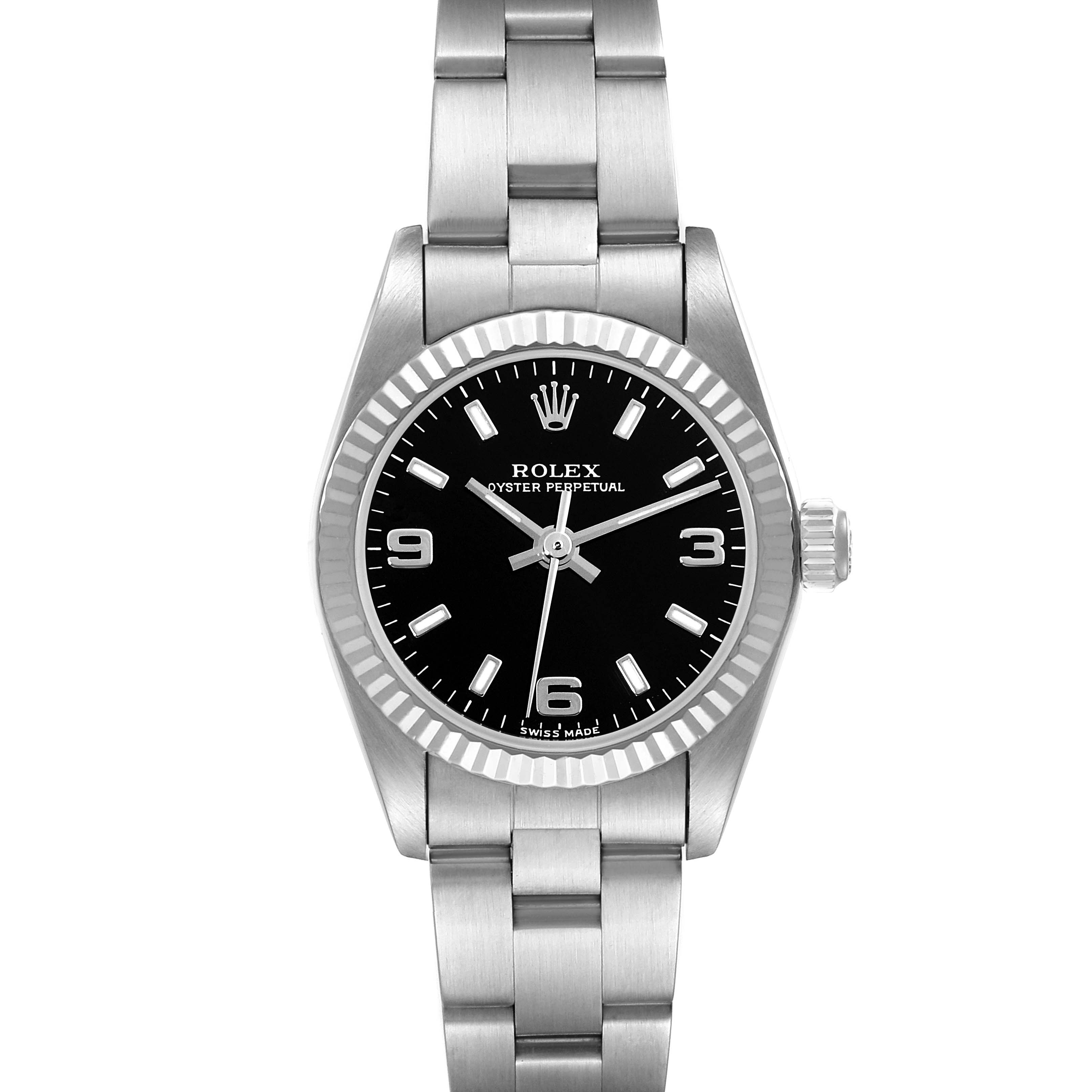 The image shows a Rolex Oyster Perpetual 76094 Women's Stainless Steel Black Dial 76094 Women's Stainless Steel Black Dial watch from a front view, highlighting the black dial, stainless steel bezel, and bracelet.