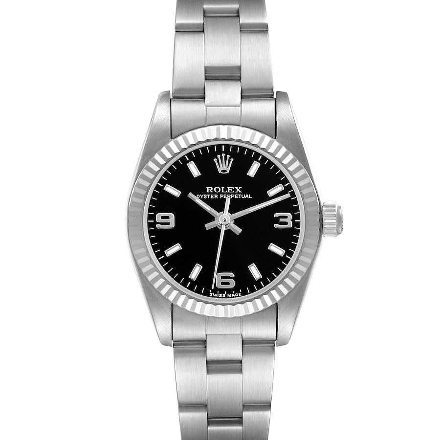 Rolex Oyster Perpetual Steel White Gold Black Dial Ladies Watch 76094 Box Papers SwissWatchExpo