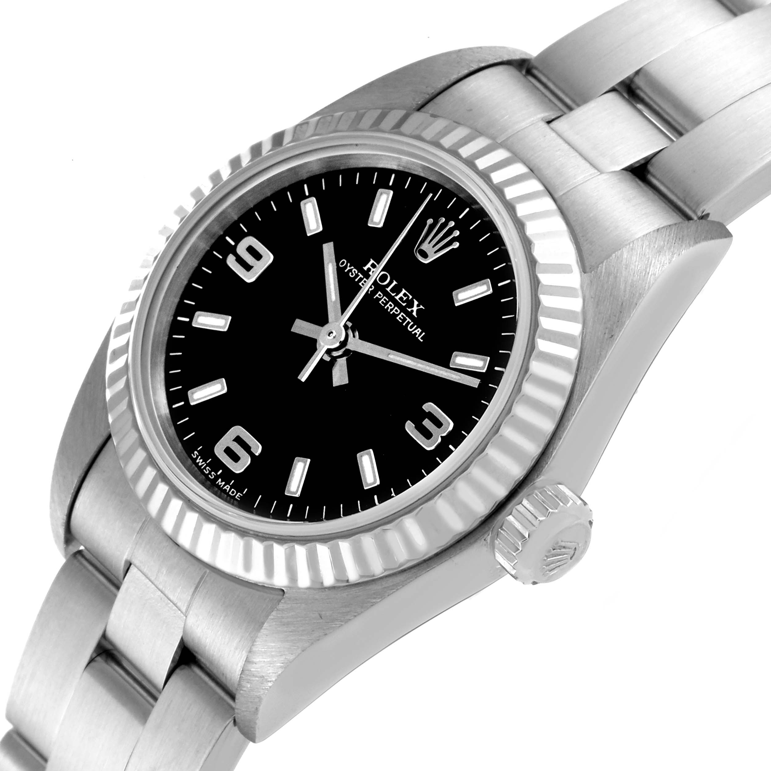 The image shows a Rolex Oyster Perpetual 76094 Women's Stainless Steel Black Dial 76094 Women's Stainless Steel Black Dial watch at a slight angle showcasing the dial, bezel, crown, and part of the bracelet.